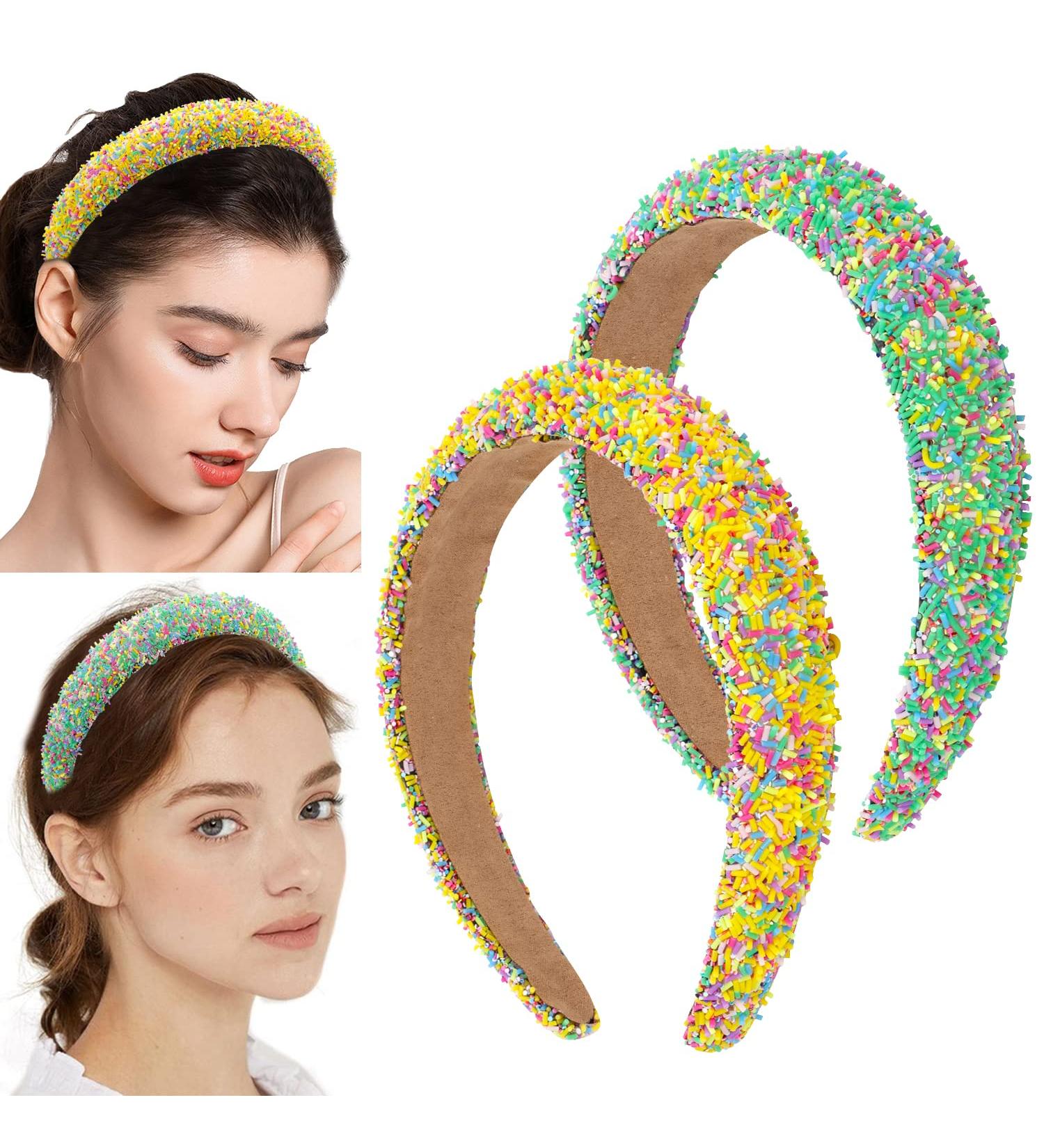 2 Pack Non Slip Rhinestone Fashion Headbands for Women - Sparkly Wide Headbands for Wedding Party - Cute Hair Hoops Hair Accessories in Yellow Green - Buy Online on GoSupps.com