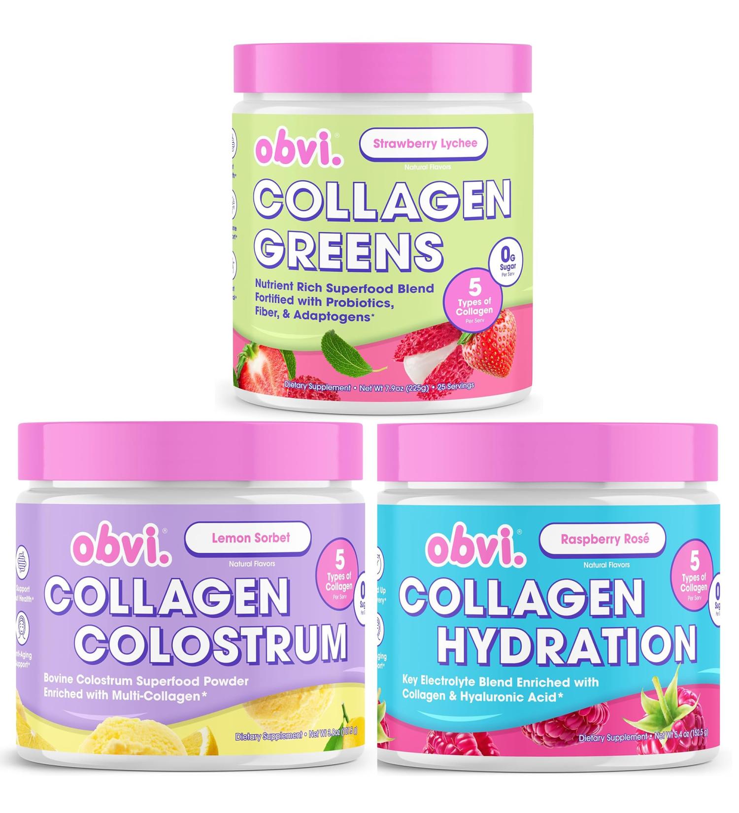Obvi Collagen Peptide Colostrum Collagen Greens & Hydration Powder | Support Gut Health Immune Skin & Joint Health | Sugar-Free Collagen Peptides & Electrolytes | 30 Servings Each