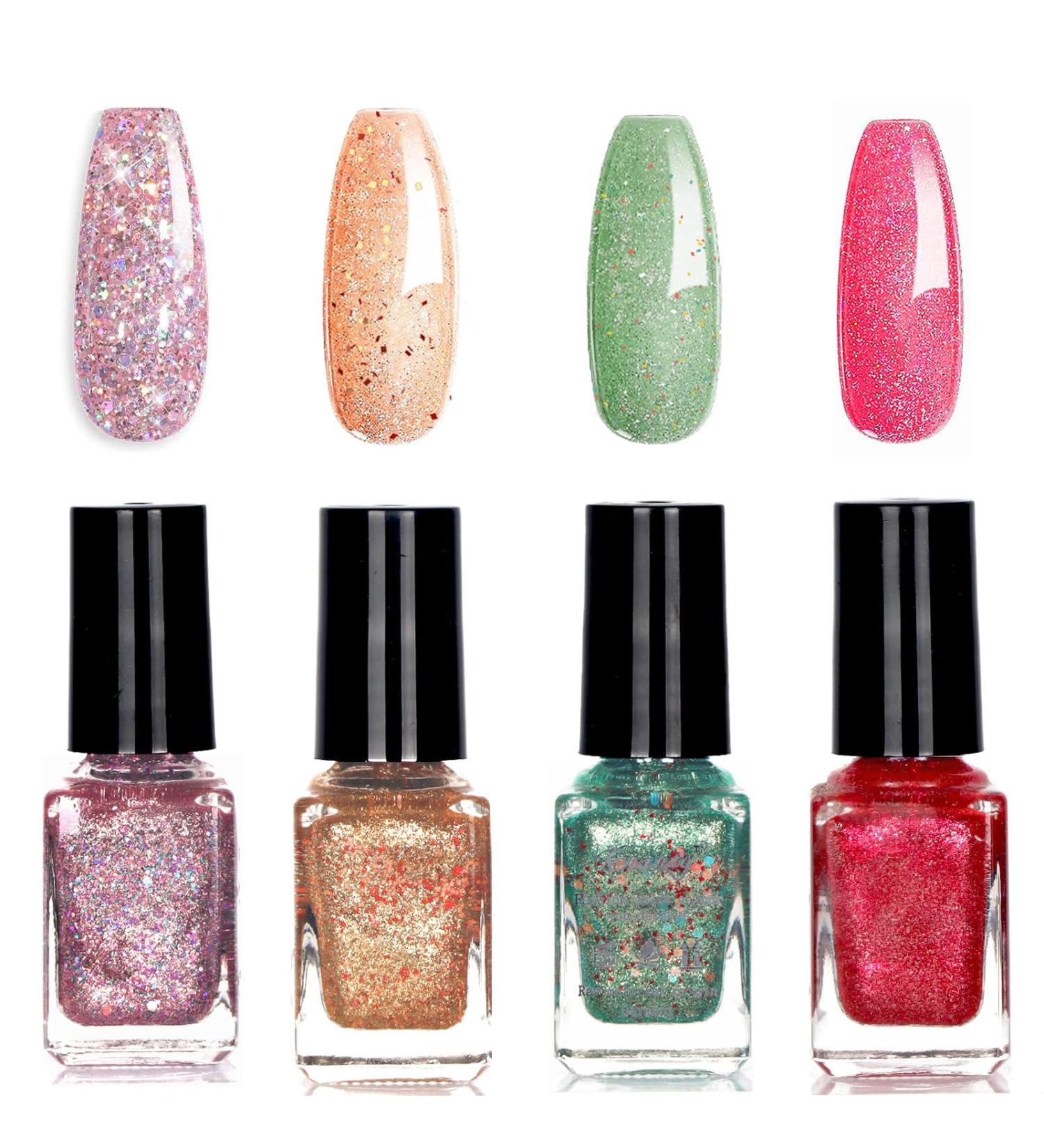 Glitter Nail Polish Set - Nail Varnish Quick Dry - Shiny Sparkly Glitter Nail Polish Set - Pink Gold Red Green 4 Colours Nail Art Manicure Varnish Set Glitter Nail Polish Set -2 - Buy Online on GoSupps.com