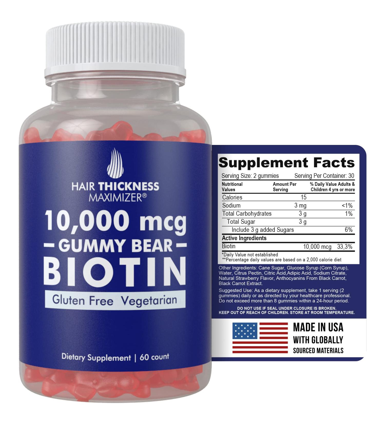 Hair Thickness Maximizer Biotin 10000mcg Gummies - Vegetarian, Gluten Free Gummy Bears - Hair Growth Vitamin for Men and Women - Combats Hair Loss & Thinning - Strawberry Flavor - 60 Count - Buy Online on GoSupps.com