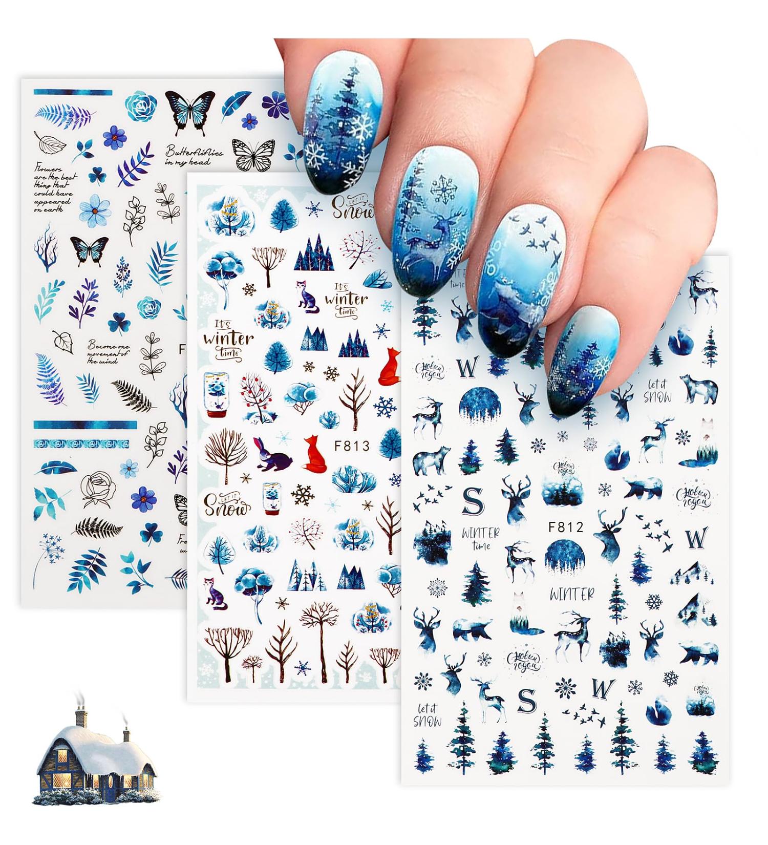 3 Sheets Christmas Nail Art Stickers Ink Blue Nail Decals Self-Adhesive Nail Sticker Manicure Tips DIY Christmas Nail Art Design Nail Decorations for Women Girls - Buy Online on GoSupps.com