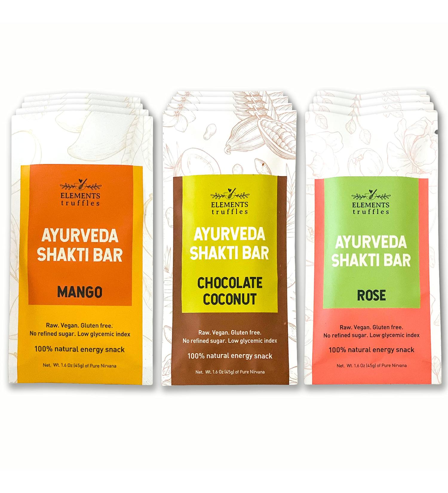 Elements Truffles Ayurveda Shakti Bars - Vegan & Organic Date Energy Snacks - No Added Sugar, Nuts, or Gluten - Non-GMO Natural Grab & Go Food - Mango, Chocolate, Coconut & Rose Variety Pack (12 Bars) - Buy Online on GoSupps.com