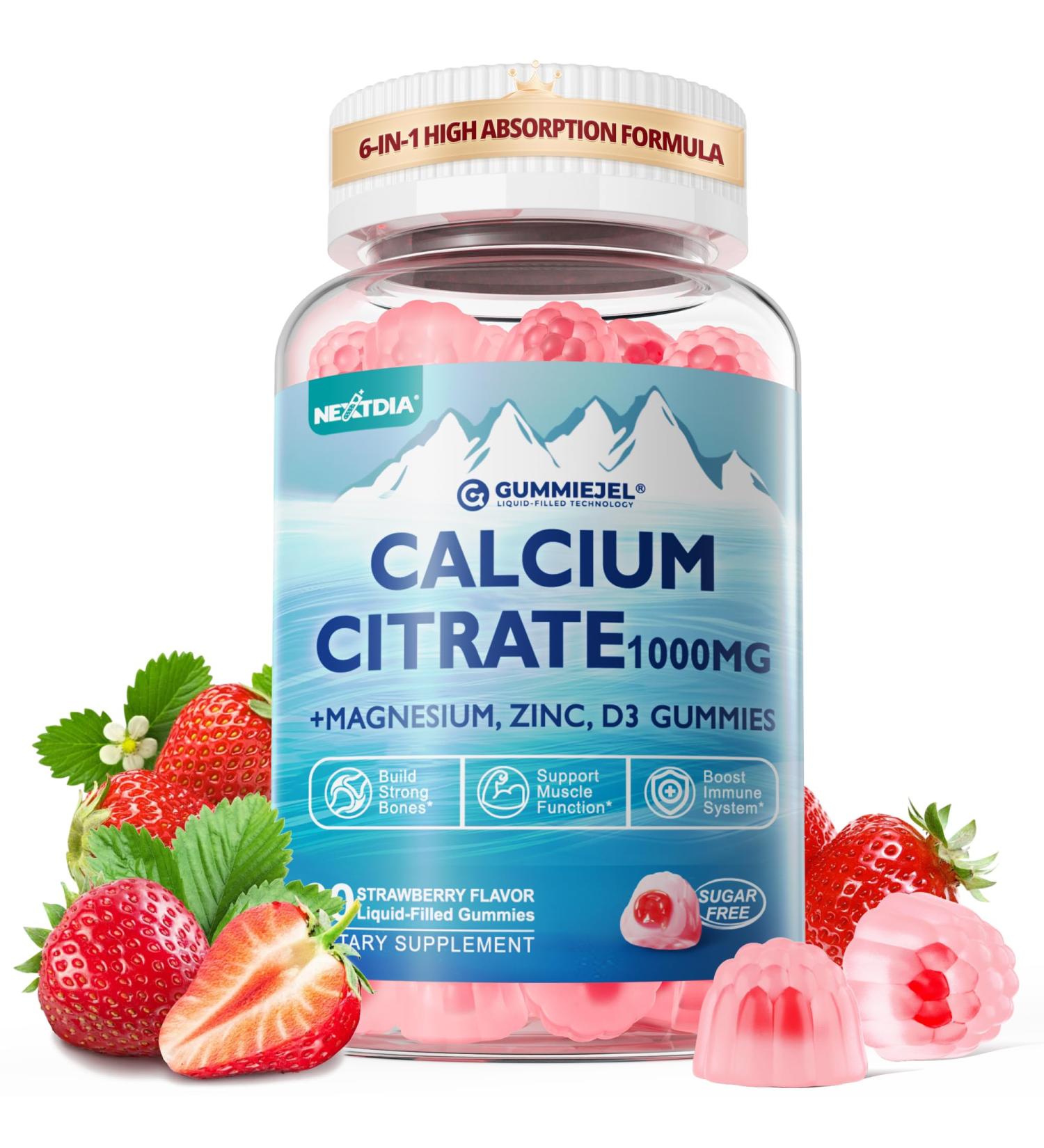 Calcium Citrate Supplement 1000mg for Women & Men 6-in-1 Calcium Magnesium Zinc Gummies + Vitamin D3 B6 & Potassium High Absorption for Bones Teeth Muscle & Nerve Health Vegan Sugar Free 60Cts 60 Count (Pack of 1) - Buy Online on GoSupps.com