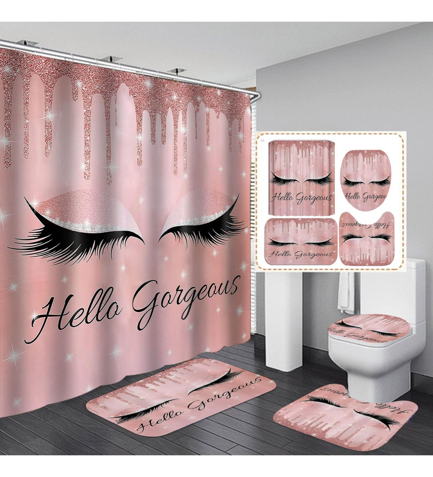 OLEBETY 4PCS Unicorn Eyelash Shower Curtain Set with Rose Gold Glitter Makeup Theme - Pink Glam Bathroom Decor Set with Non-slip Bath Mat & Toilet Rug - Buy Online on GoSupps.com