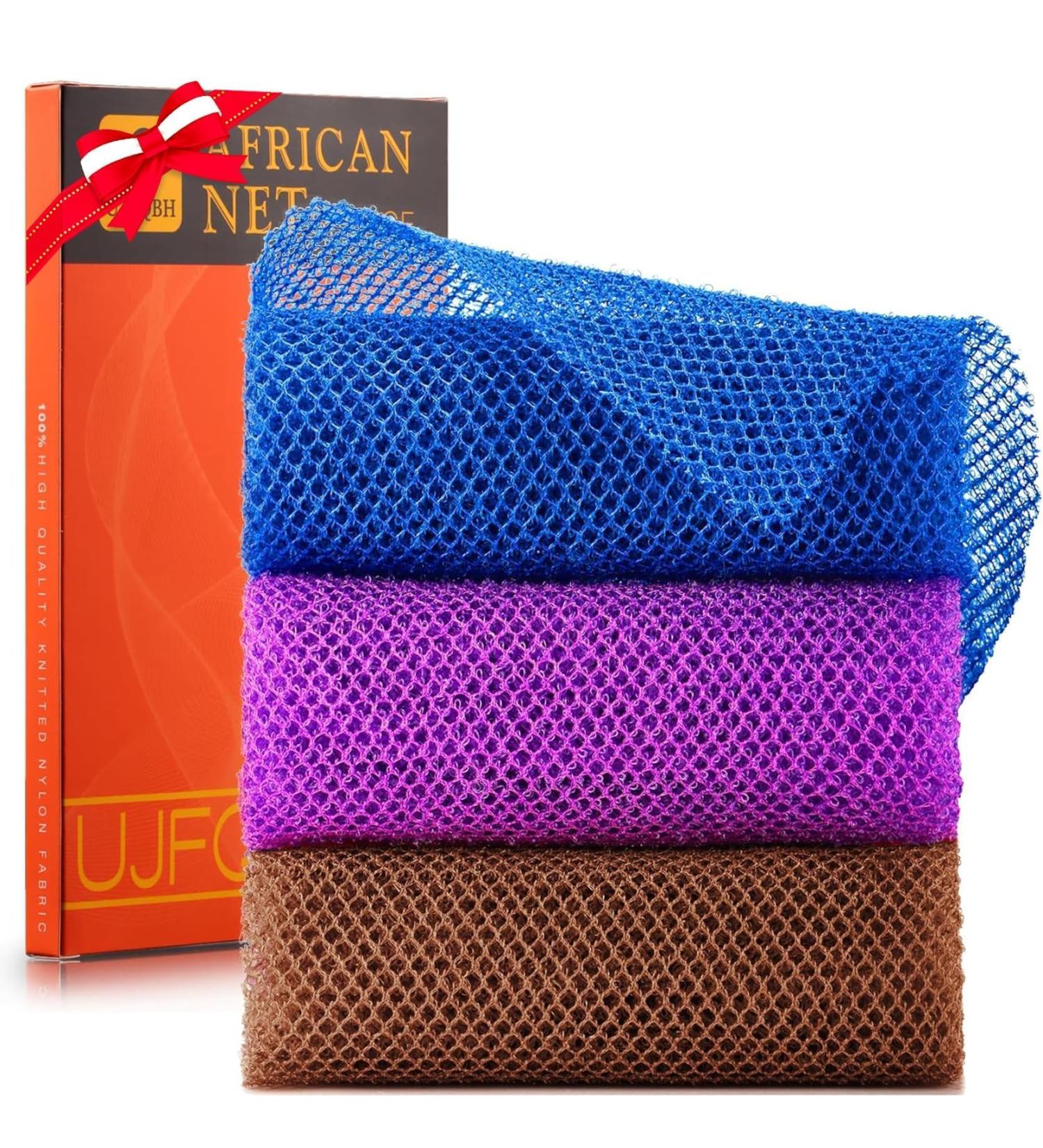 3 Pieces African Bath Sponge African Net Long Net Bath Sponge Exfoliating Shower Body Scrubber Back Scrubber Skin Smoother Great for Daily Use (Brown Blue Purple) - Buy Online on GoSupps.com