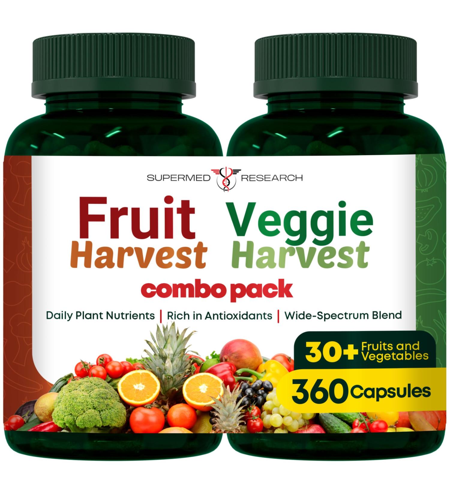 Supermed Research Fruits and Vegetables Supplements 2 Pack Combination Fruit & Veggies Supplement Whole Food Vitamins & Minerals for Adults Superfood Veggie Vitamins for Adults (180 x 2, 360 Ct) - Buy Online on GoSupps.com