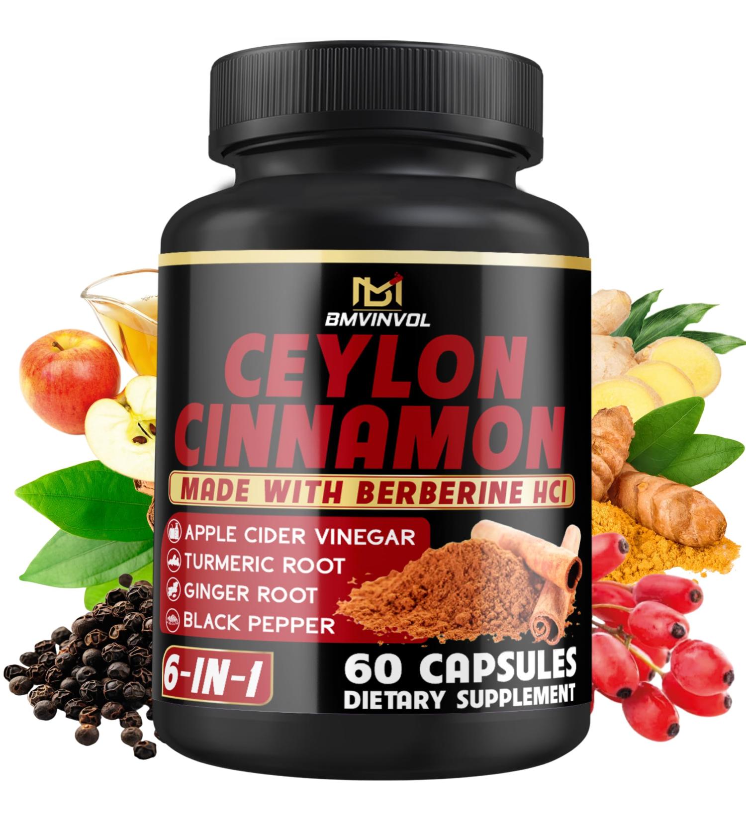 Ceylon Cinnamon Capsules with Berberine HCl Apple Cider Vinegar Turmeric Ginseng Black Pepper - 6in1 for Support Immune Function - 60 Count 60 Count (Pack of 1) - Buy Online on GoSupps.com