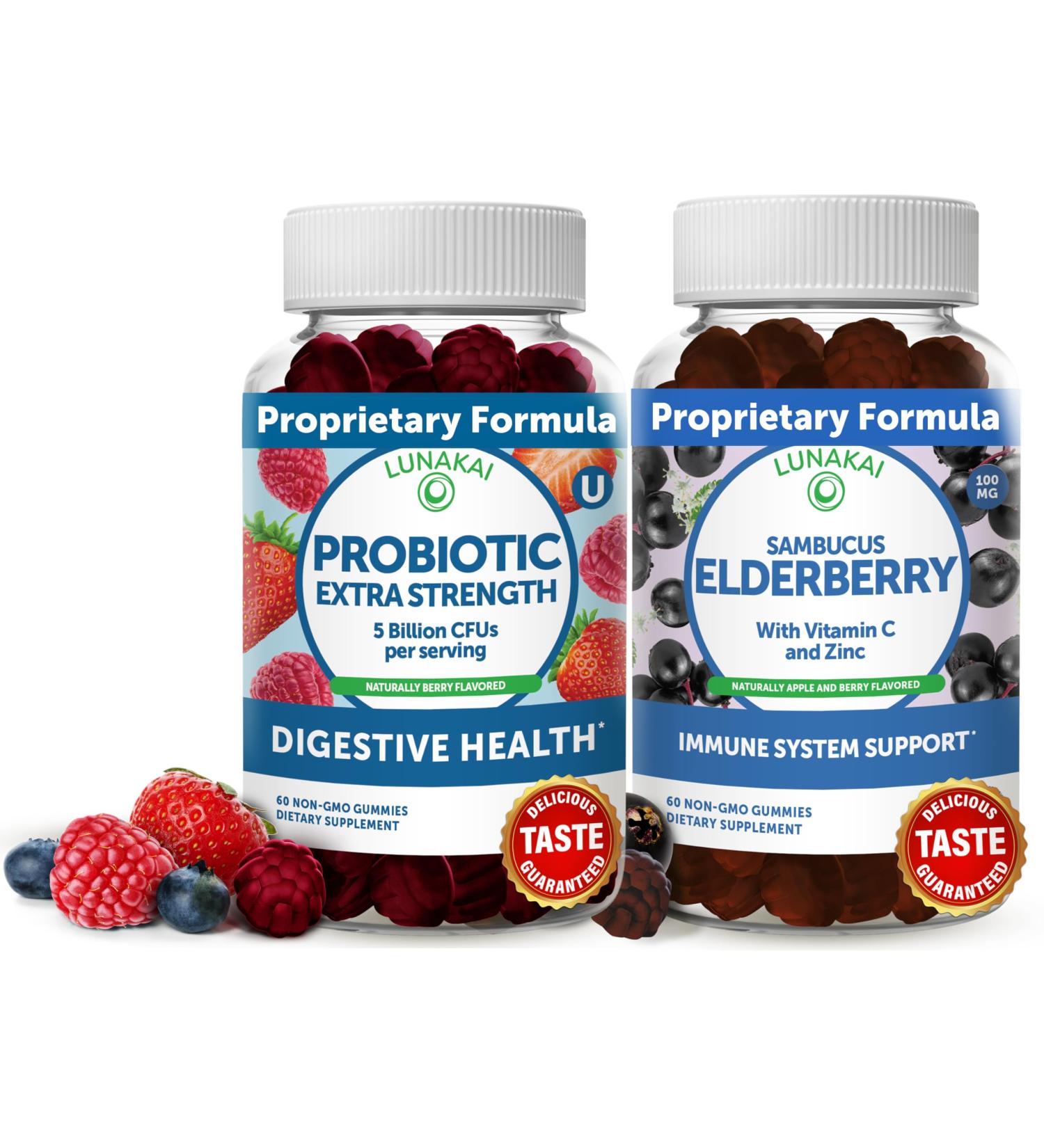 Lunakai Elderberry & Probiotic Gummies Bundle - Immune Support with Zinc and Vitamin C Plus 5 Billion CFUs Per Serving for Digestive Gut Health - Non-GMO All Natural Gummy - Buy Online on GoSupps.com