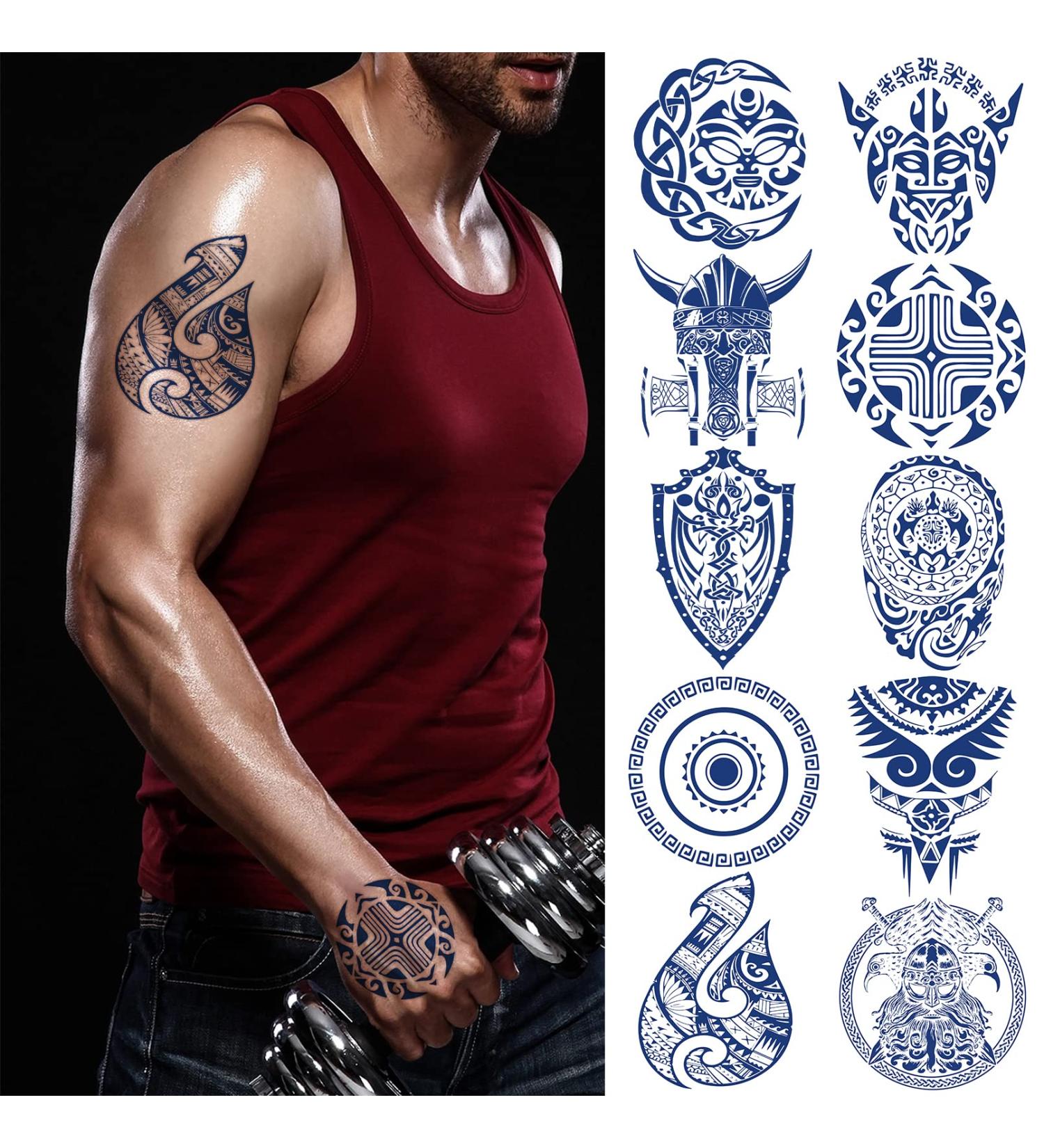 10 Sheets Aztec and Viking Style Temporary Tattoo for Men - Fake Tattoos for Hands and Forearms - Cool Blue Half Sleeve Design - Buy Online on GoSupps.com