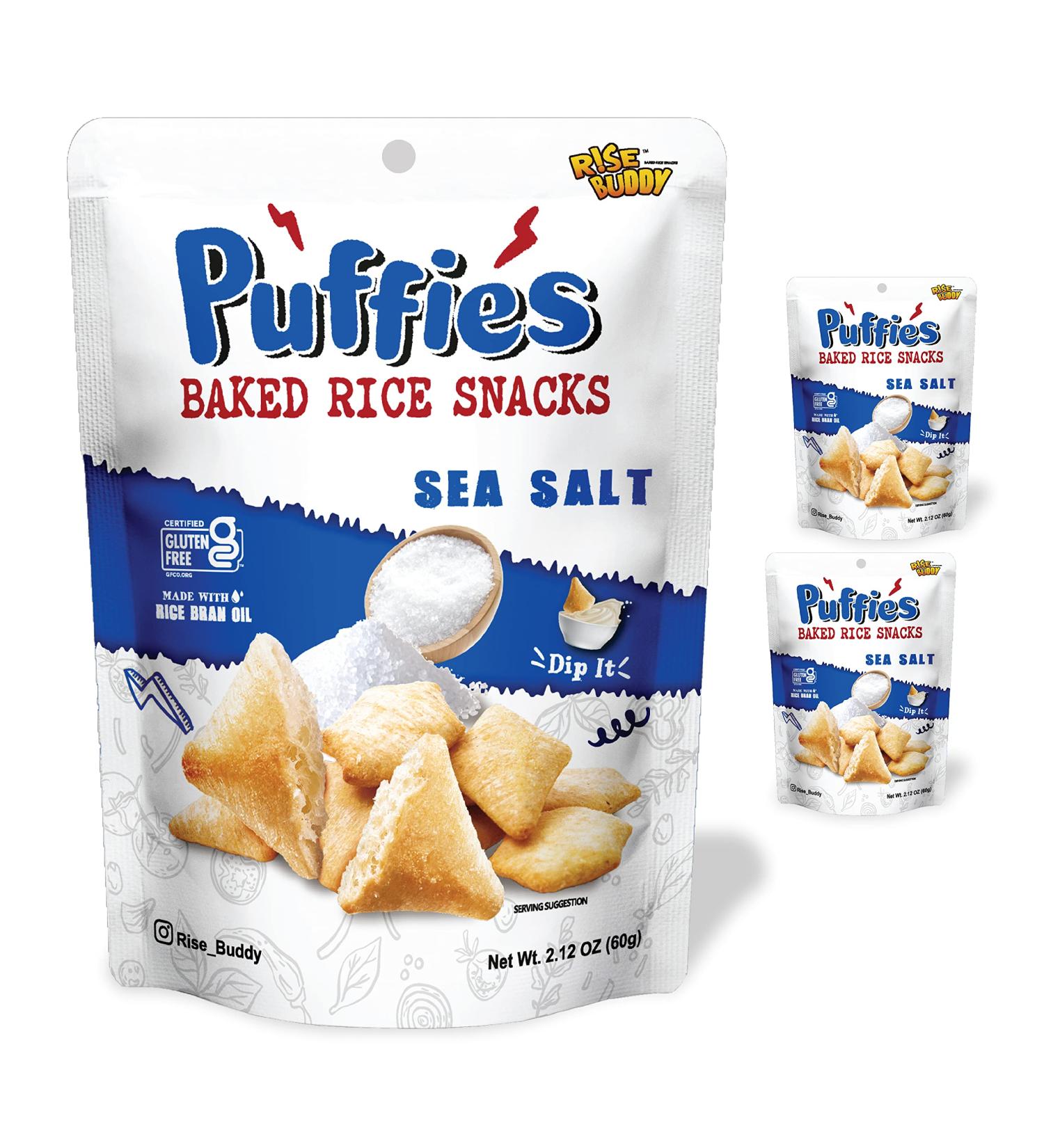 Rise Buddy Puffies - Vegan Plant-based Gluten-free Snack | Baked, Low Cholesterol & GMO-free | On-the-Go Healthy Option - 3 Packs x 2.12 oz (Sea Salt) - Buy Online on GoSupps.com