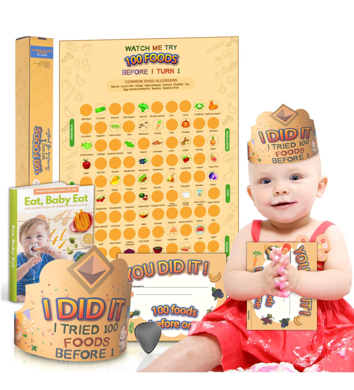 Cradle Plus 100 Foods Before 1 Scratch Off Poster with Baby Led Weaning Book - Baby Food Ideas, Tracker, Cookbook, Crown and Certificate - Yellow - Buy Online on GoSupps.com
