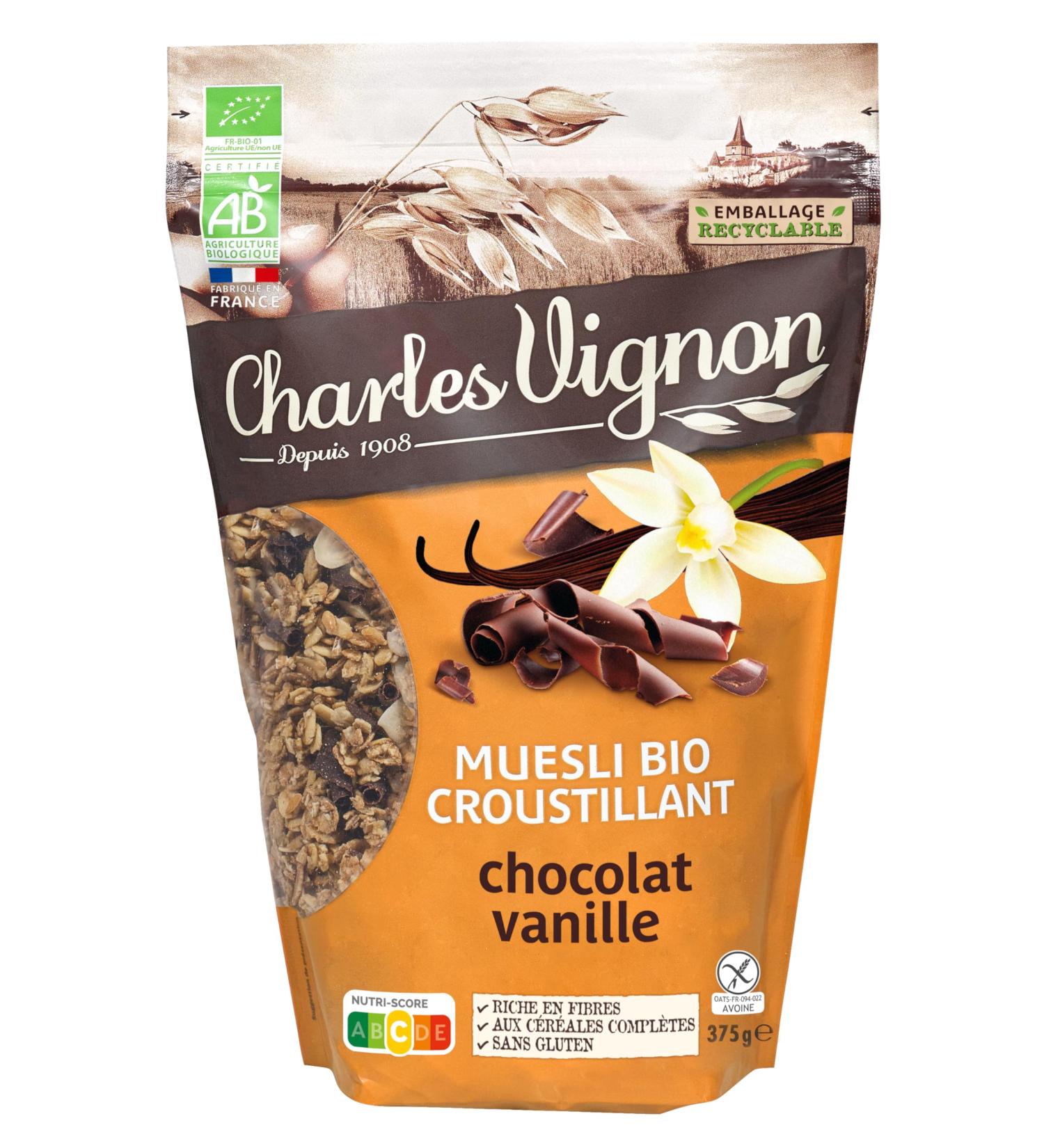 Charles Vignon - Organic Crunchy Chocolate Vanilla Muesli - Gluten Free - 375 g - High in Fiber Made in France Bag - Buy Online on GoSupps.com