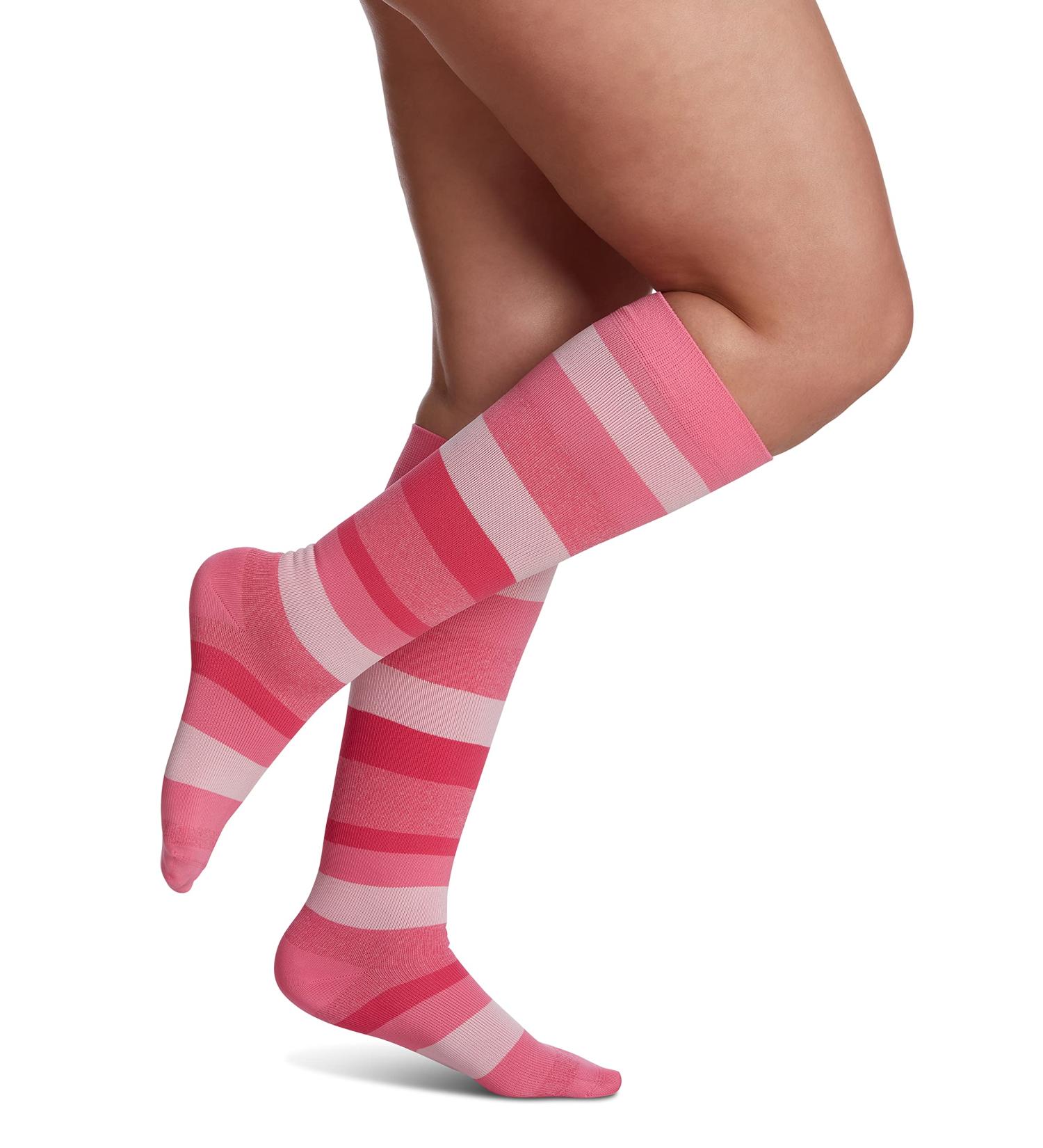 Buy Sigvaris Women's Microfiber Patterns 830 Closed Toe Calf-High Socks 20-30mmHg - Pink Stripe - Large Short | International Shipping Available - Buy Online on GoSupps.com