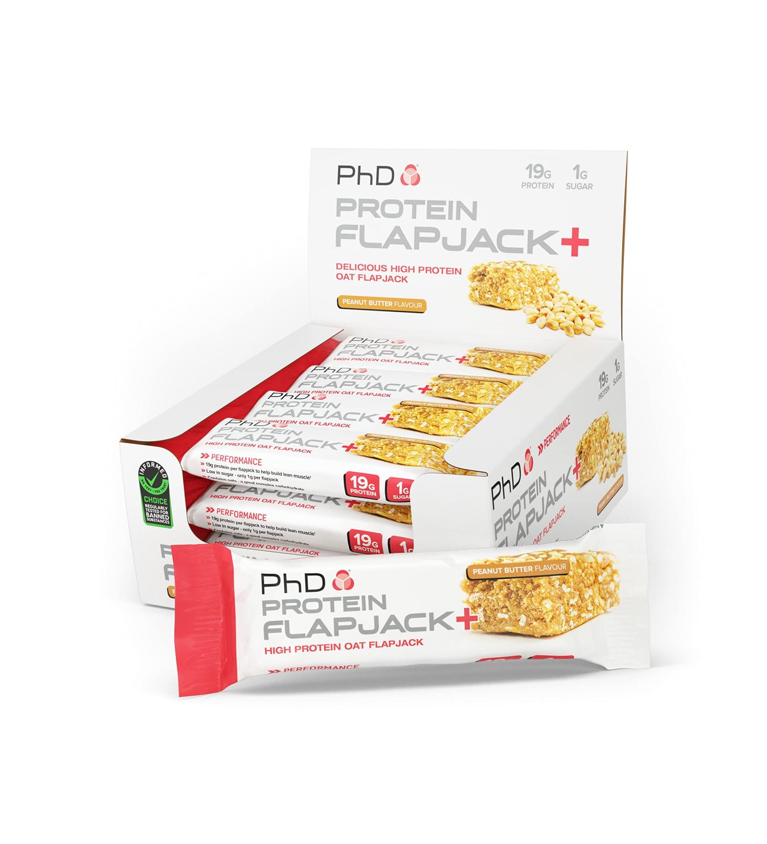 PhD Nutrition Protein Flapjack+ | Peanut Butter | High Protein Low Sugar Snack | 19g Protein 270 Calories | Complex Carbs & Vitamin E | 12 Bars - Buy Online on GoSupps.com