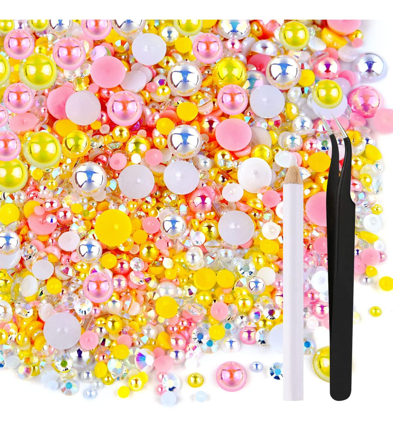 Shop Astaron 50g Mix Half Pearls & Glitter Stones - 3mm-10mm Flatback Rhinestones for Face Nail & DIY Crafts - Pink Yellow Series - Buy Online on GoSupps.com