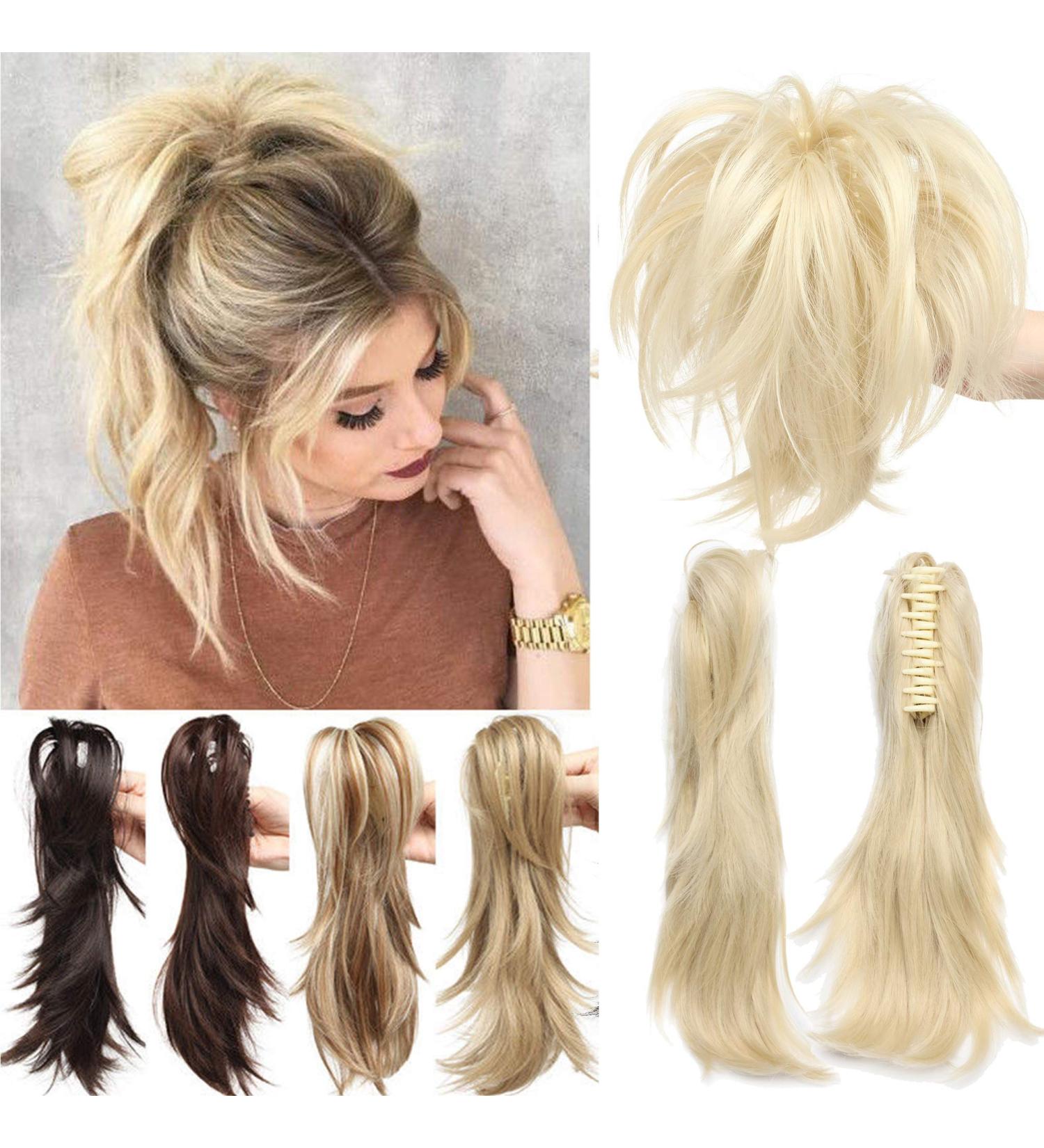 Adjustable Messy Ponytail Hair Extension Synthetic Hairpiece with Jaw Claw Fluffy Hair Extension Customizable Updo Style 12 inch Bleach Blonde - Buy Online on GoSupps.com