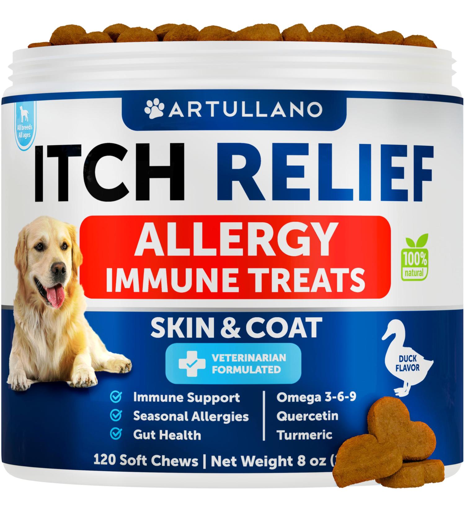 Dog Allergy Relief Chews - Fish Oil & Omega 3 Treats - Dog Allergy Chews for Itching Skin Relief - Hot Spot Treatment - Anti Itch for Dogs - Immune Supplement - Seasonal Allergies - Made in USA Duck - Buy Online on GoSupps.com