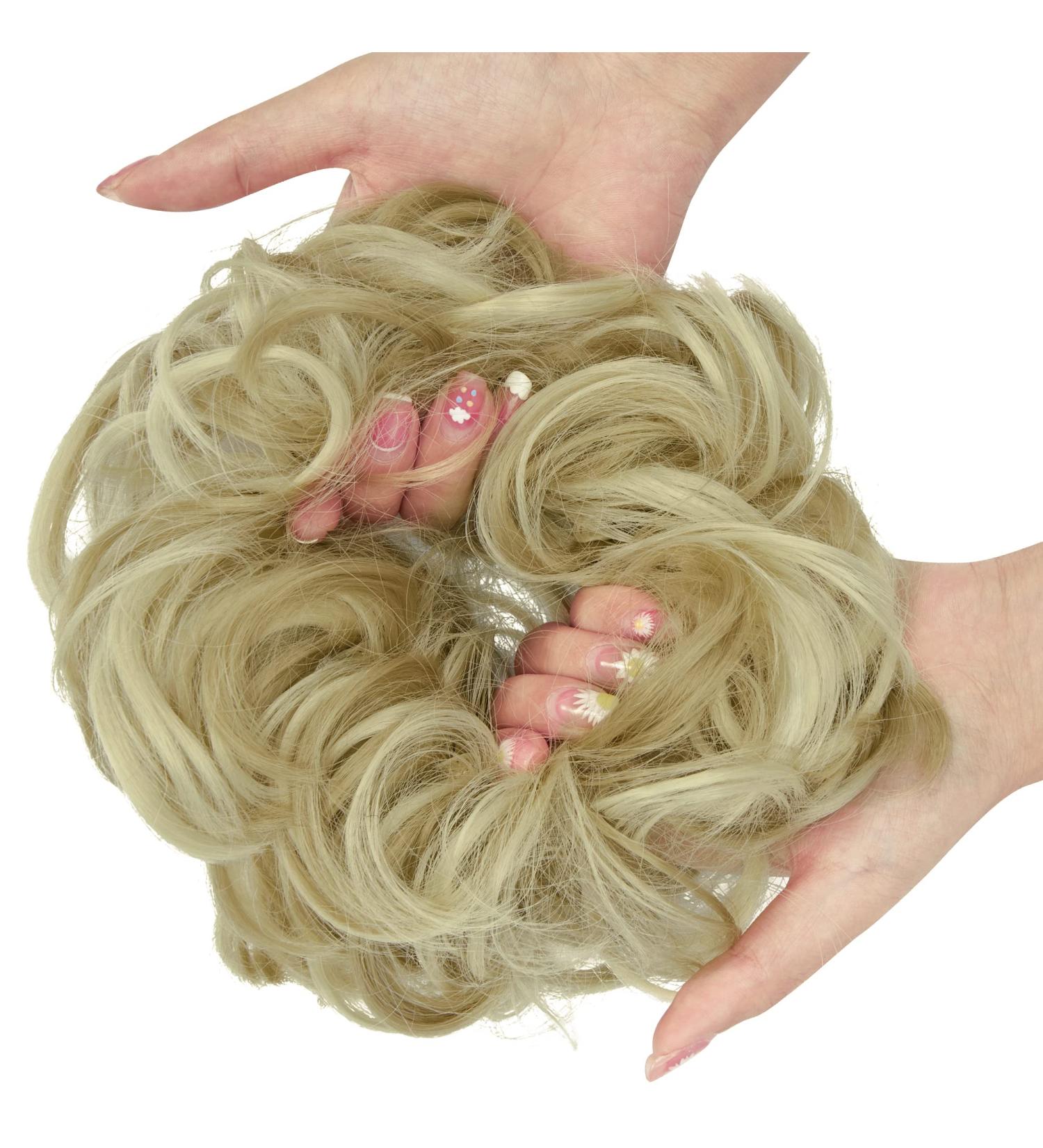 Messy Bun Hair Piece Scrunchies Extension | Curly Wavy Updo Synthetic Chignon Ponytail | Ash Blonde Mix Bleach Blonde | Hair Accessories for Women/Girls - Buy Online on GoSupps.com