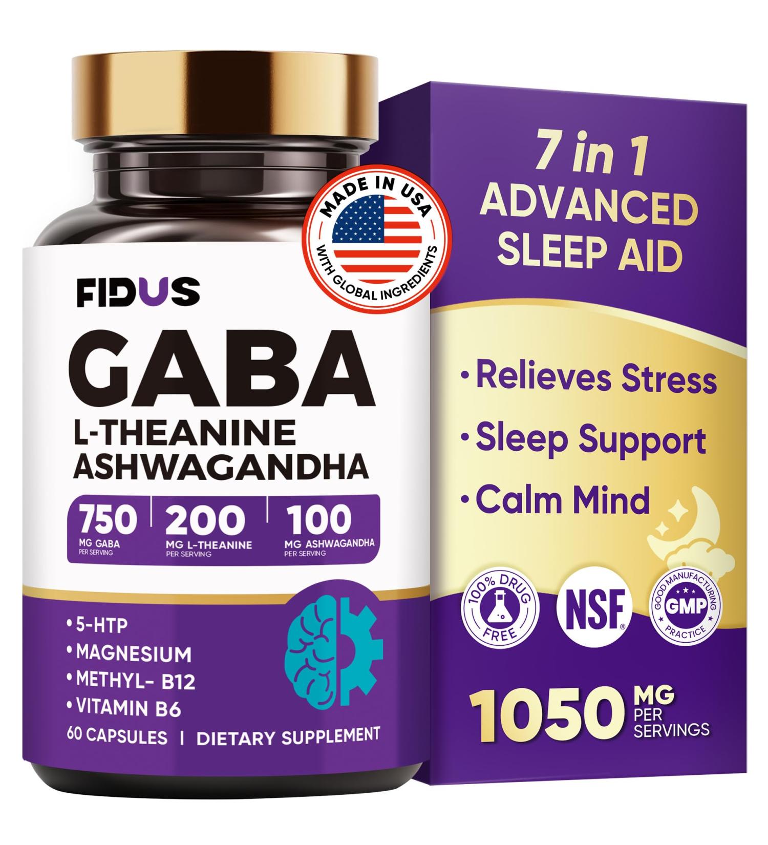 1050mg GABA L-Theanine Ashwagandha - Made in USA - Advanced Sleep Aid & Calm- Magnesium, 5-HTP, Vitamin B6 & B12, GABA (Gamma Aminobutyric Acid) Supplement - Melatonin-Free & Non-Habit Forming 60 Count (Pack of 1) - Buy Online on GoSupps.com