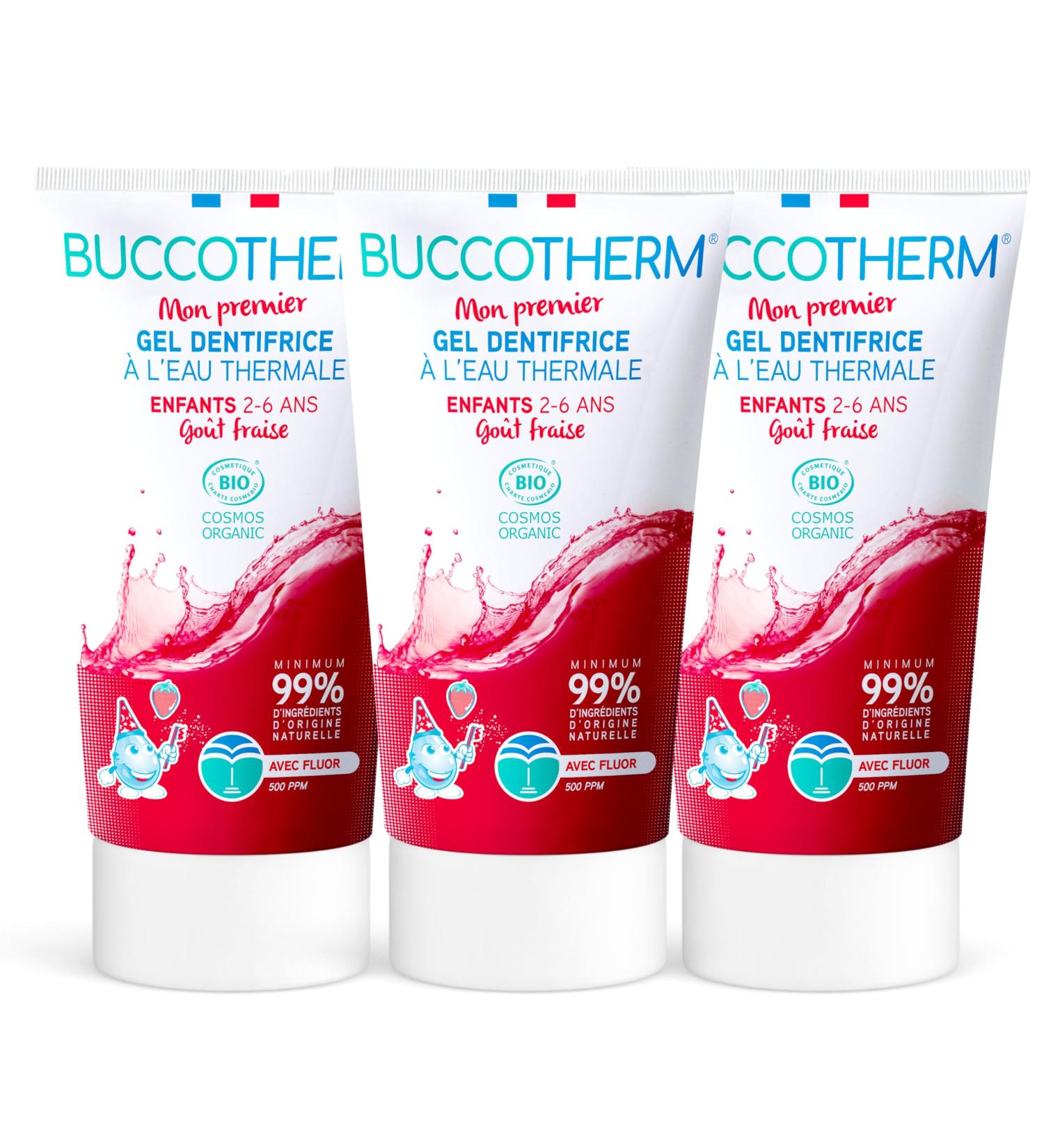 BUCCOTHERM | Child Protection Toothpaste Gel 2/6 years | Fights cavities | Strawberry flavor Sugar-free | Certified organic | 100% natural ingredients | Pack of 3x50 ml - Buy Online on GoSupps.com
