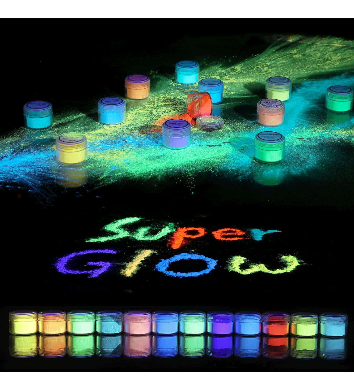Rhea Arcas Glow in The Dark Powder - 12 Pack Luminous Mica Pigment for Epoxy Resin, Nail Polish, Acrylic Paint, DIY Crafts & Theme Parties - Fluorescent Dye for Art Projects - Neon Colors - Buy Online on GoSupps.com
