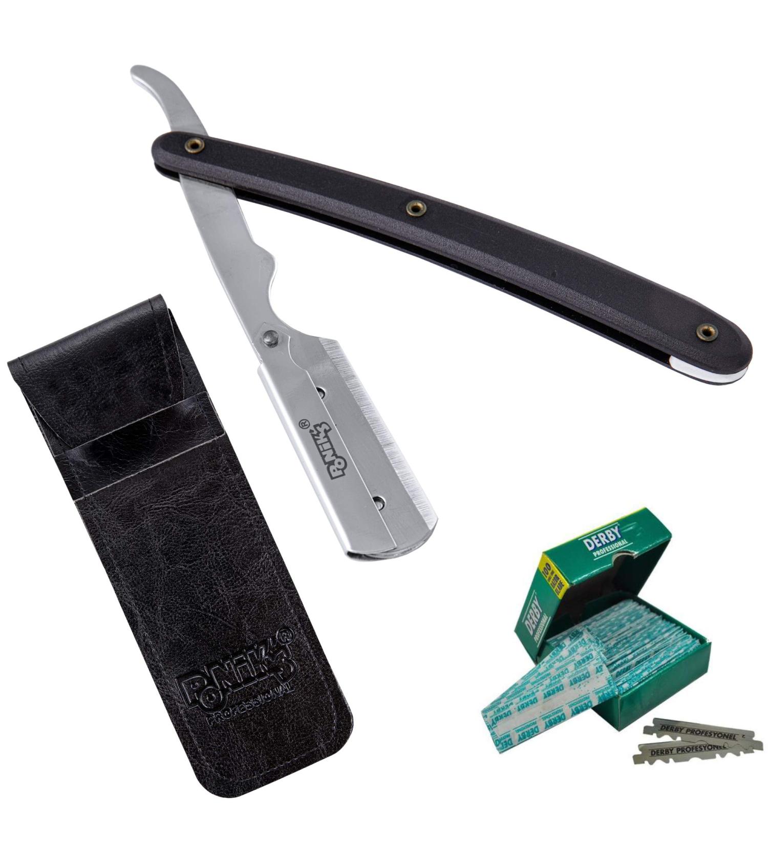 Ponik's Classic Razor Set for Men - High-Quality Stainless Steel Beard Shaving Kit with 100 Derby Blades & Transport Bag - Precision Barber Knife in Black - Buy Online on GoSupps.com