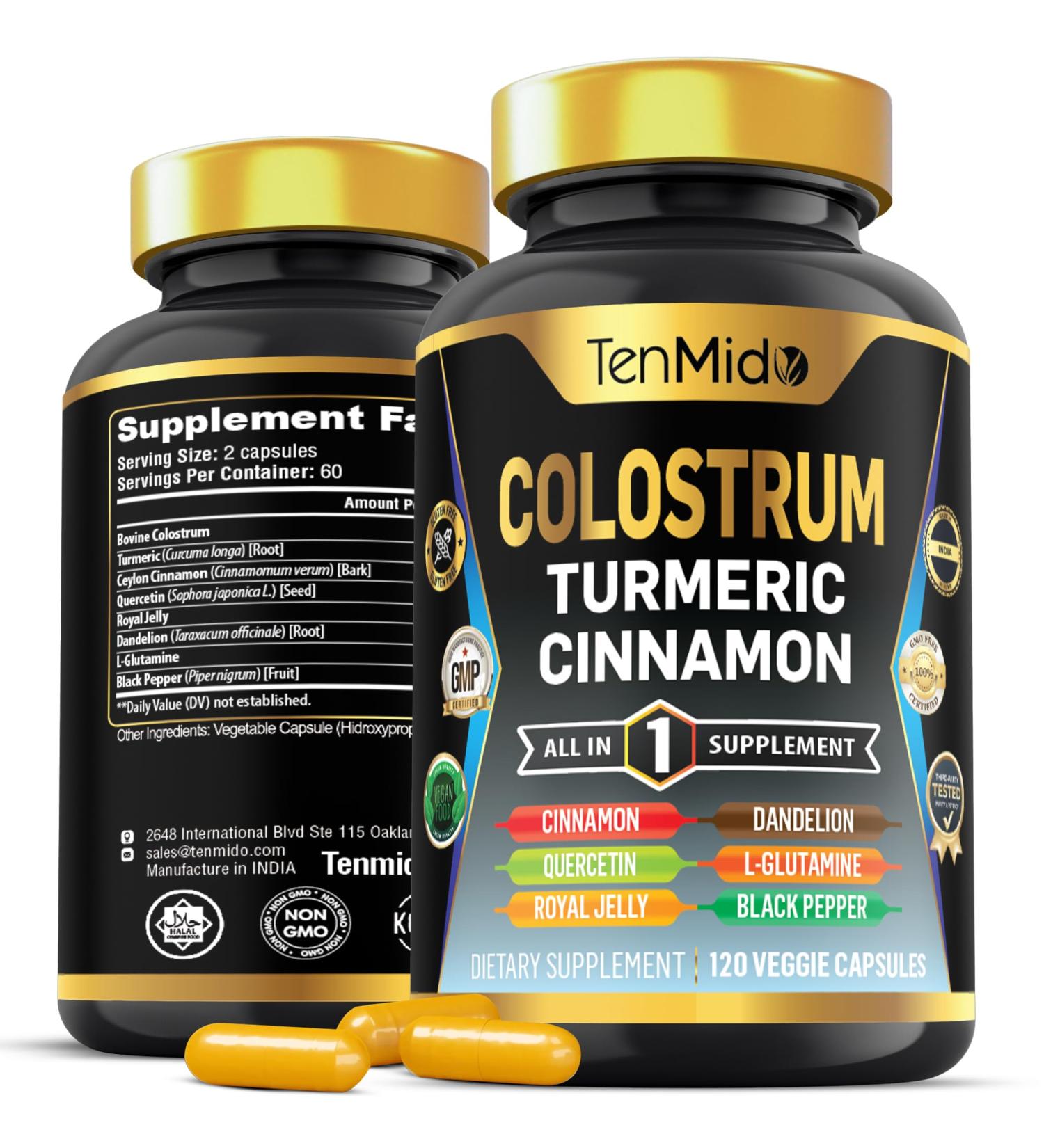 Tenmido Colostrum Supplement - 8in1 Formula - Combine with Turmeric Ceylon Cinnamon Quercetin Royal Jelly Dandelion L- Glutamine and Black Pepper - Digestive Health Support - 120 Capsules - Buy Online on GoSupps.com