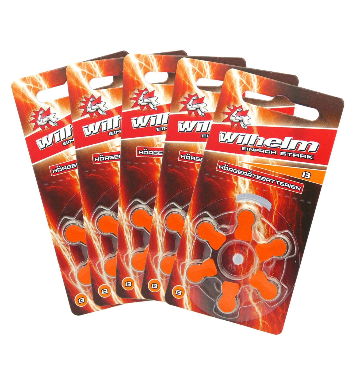 30 x WILHELM hearing aid batteries type 13 orange Hearing aid battery PR48 ZL2 1.4/1.45 V 30 batteries type 13 - orange