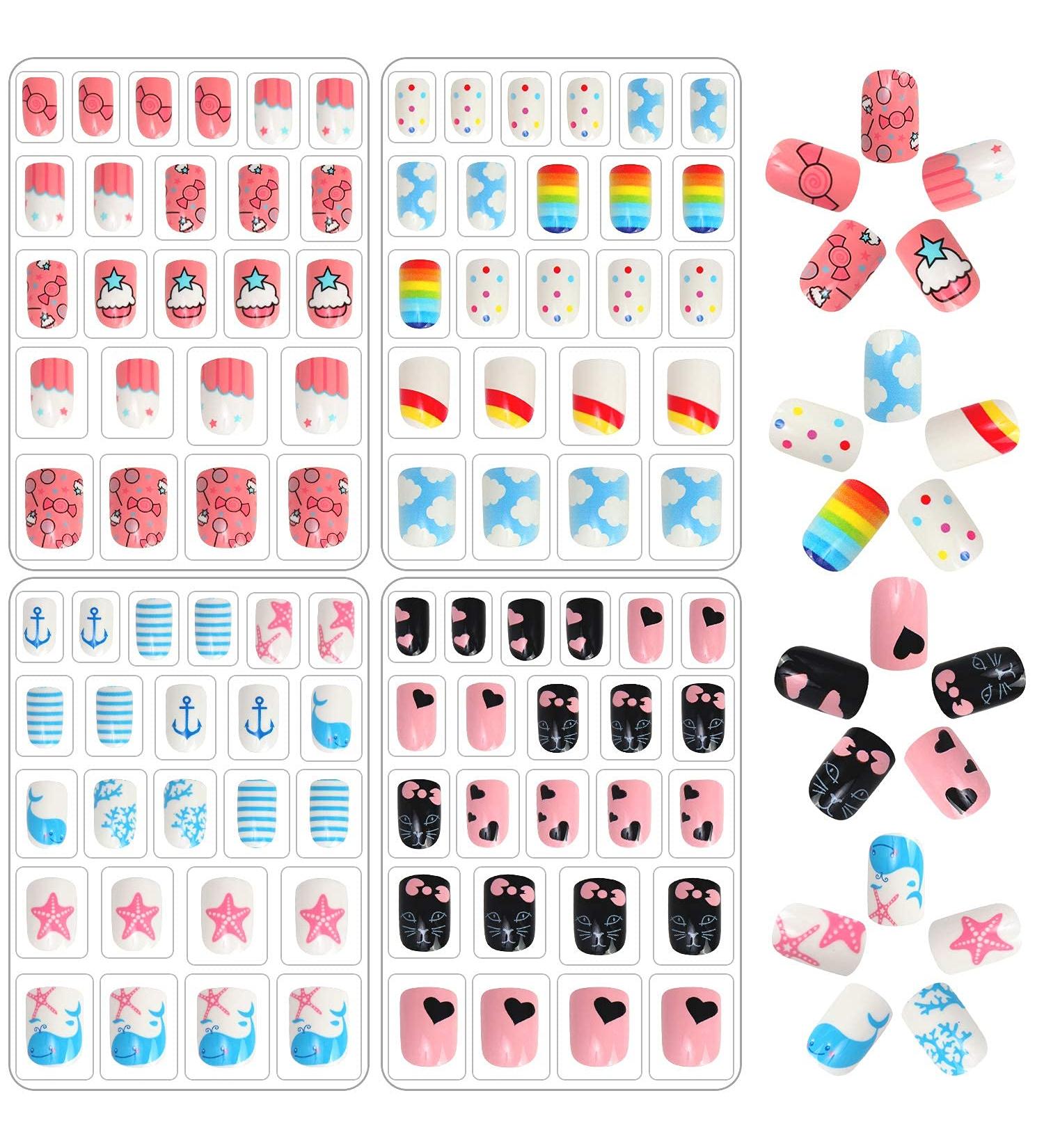 96 Pcs Kids Fake Nails - Pre-glue Full Cover Short False Nails for Girls | Lovely Gift for Children - Refreshing and Cute - Buy Online on GoSupps.com