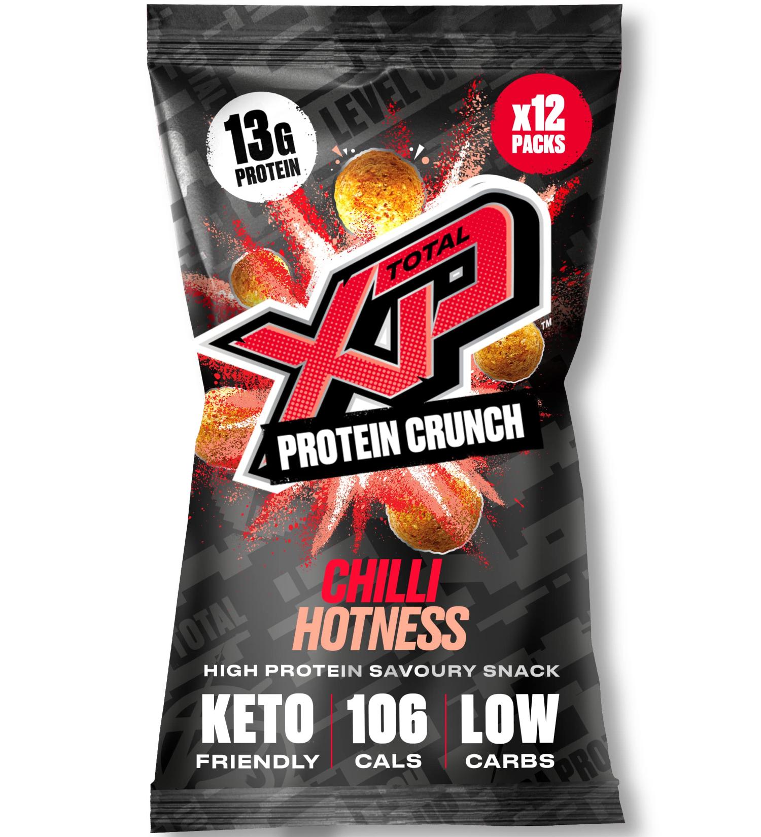 TOTAL XP Protein Crunch - Chilli Hotness 12 Pack: High Protein Snacks, Vegetarian, Low Carb, Keto Friendly, Gluten Free, Palm Oil Free - 13g Protein per Serving (12 x 24g) - Buy Online on GoSupps.com