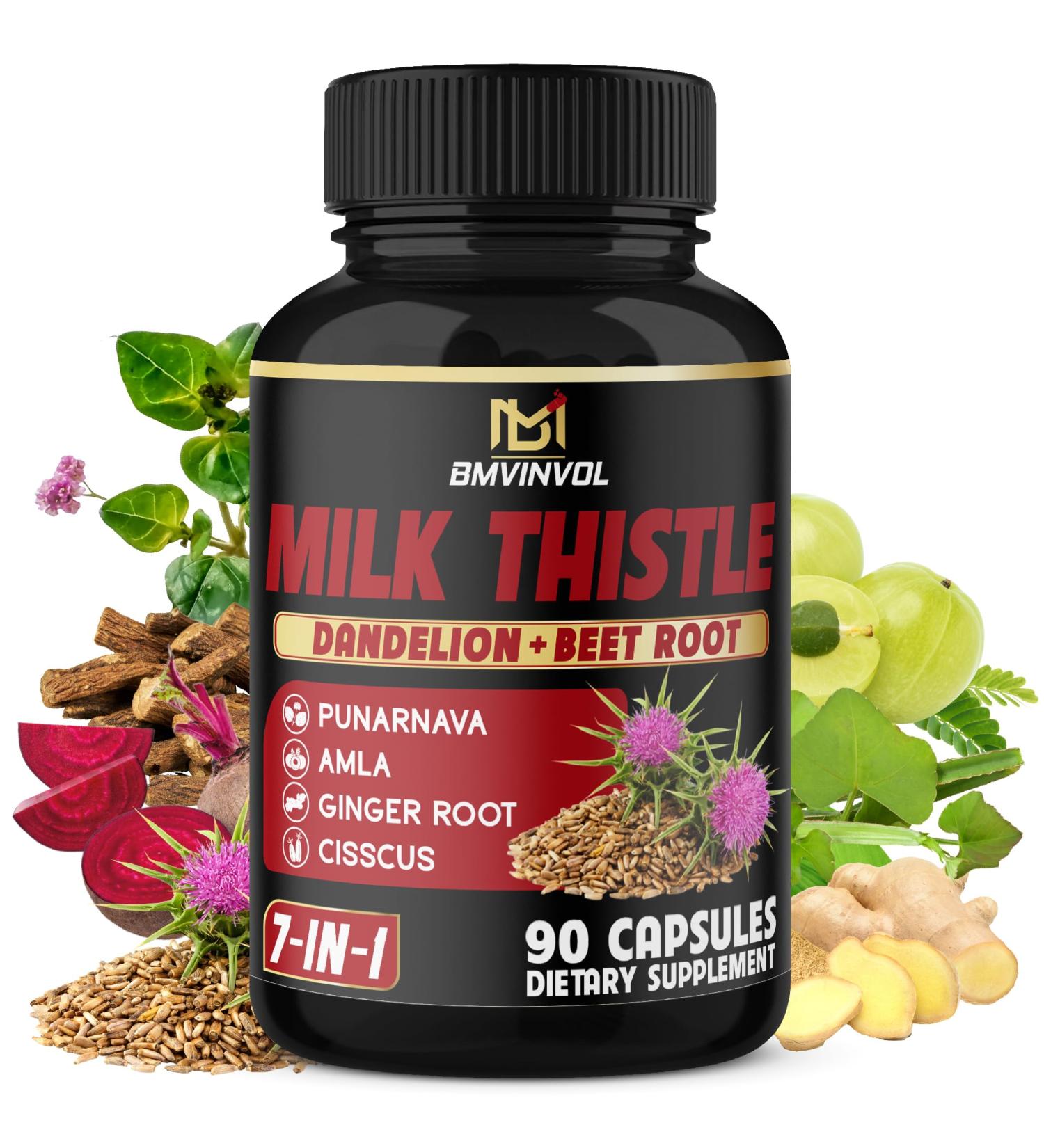 BMVINVOL Milk Thistle Capsules with Beet Root Punarnava Amla Ginger Dandelion Cissus - 90 Count - 3 Month Supply - Buy Online on GoSupps.com