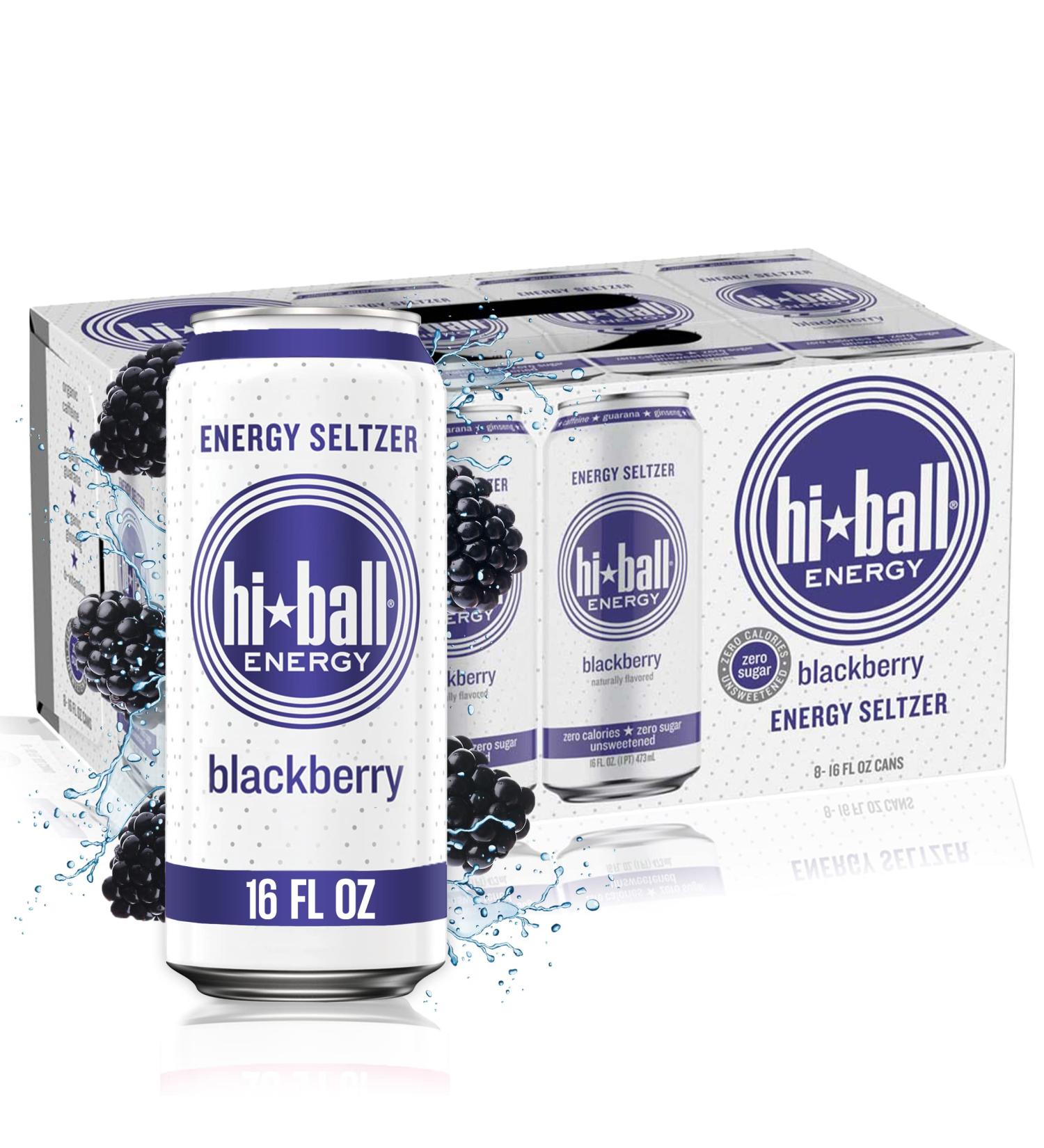Hiball Clean Energy Seltzer Water - Caffeinated Sparkling Water with Vitamin B12 & B6 - Sugar Free - 8 Pack (16 Fl Oz each) - Blackberry Flavor - Buy Online on GoSupps.com