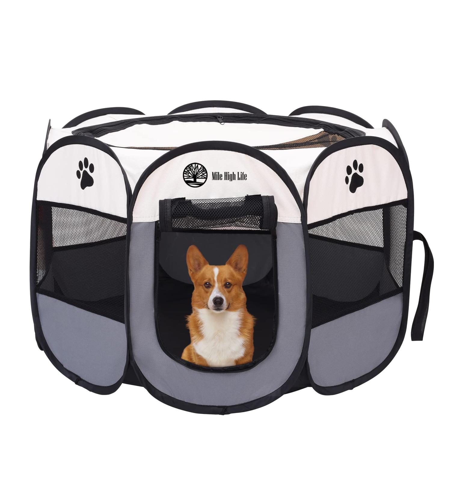 Mile High Life Portable Cat Dog Crate | Foldable Travel Tent for Pets | Water Resistant Shade Cover | Large Gray - Buy Online on GoSupps.com