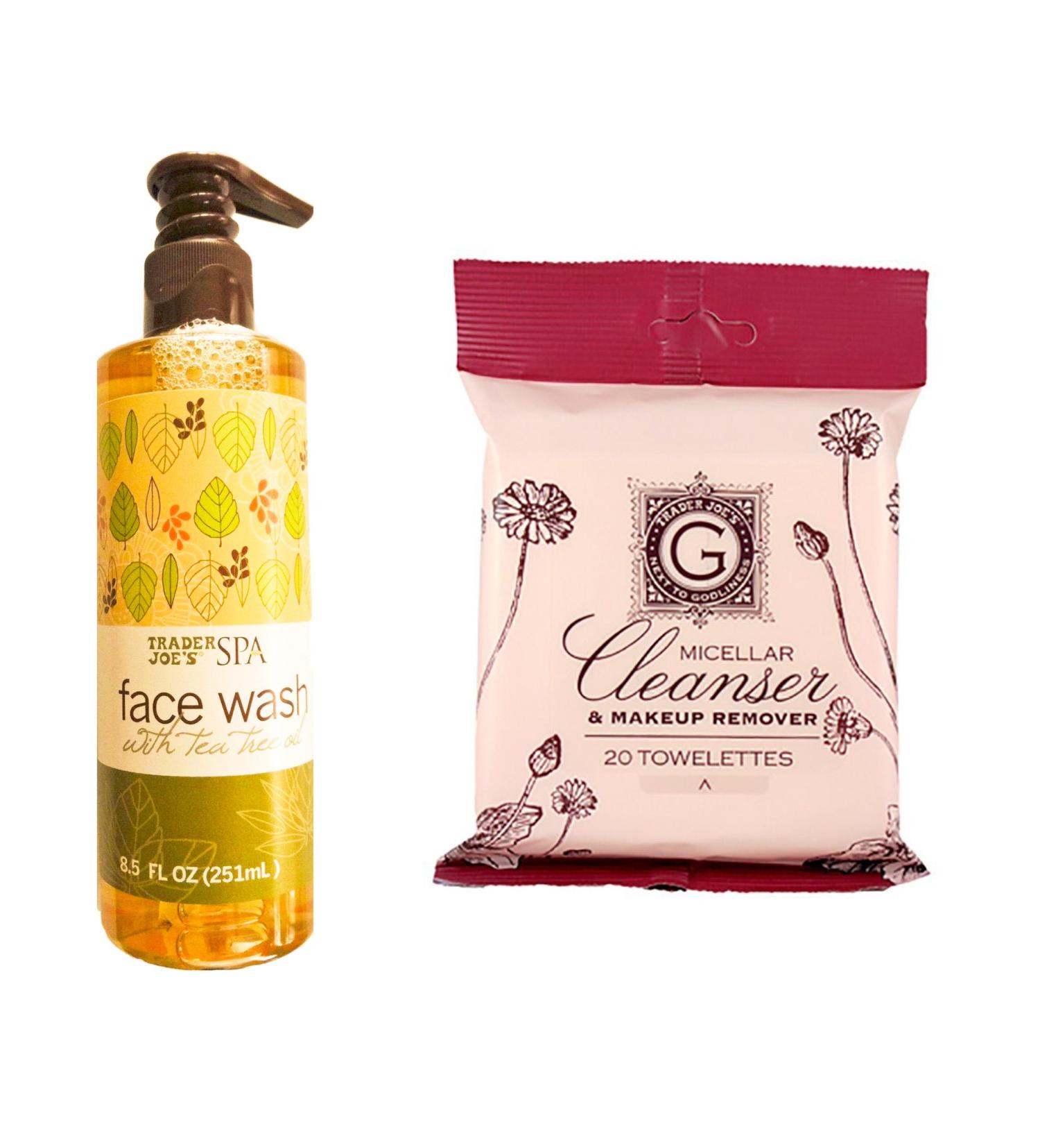 Trader Joe's SPA Face Wash with Tea Tree Oil 8.5 Oz + Trader Joe's Micellar Cleanser & Makeup Remover Two Pack Each with 20 Towelettes