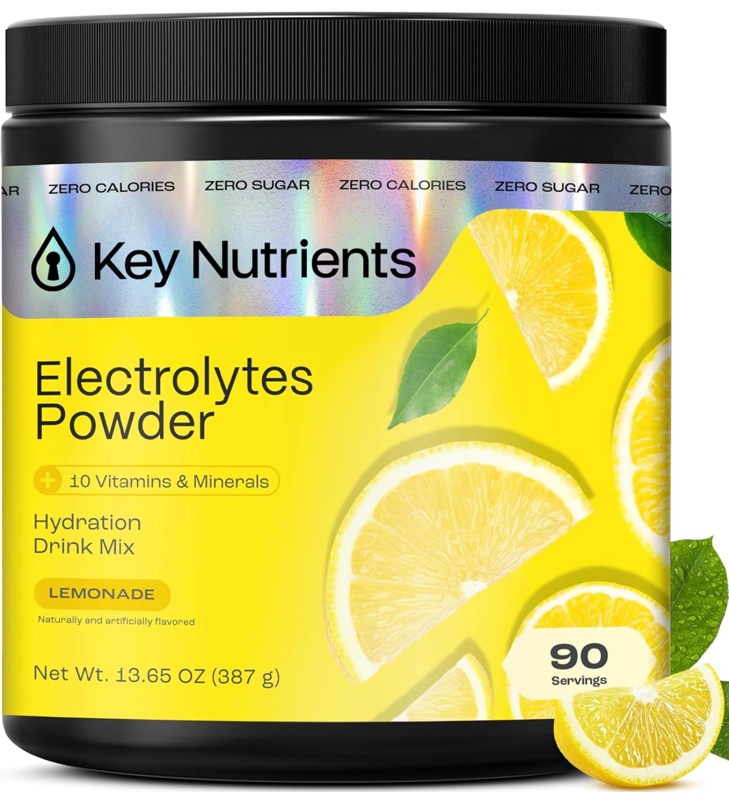 KeyNutrients Electrolytes Powder - Zero Calorie Lemonade Hydration Packets | Keto-Friendly & Gluten-Free USA-Made Electrolyte Supplement (90 Servings) - Buy Online on GoSupps.com