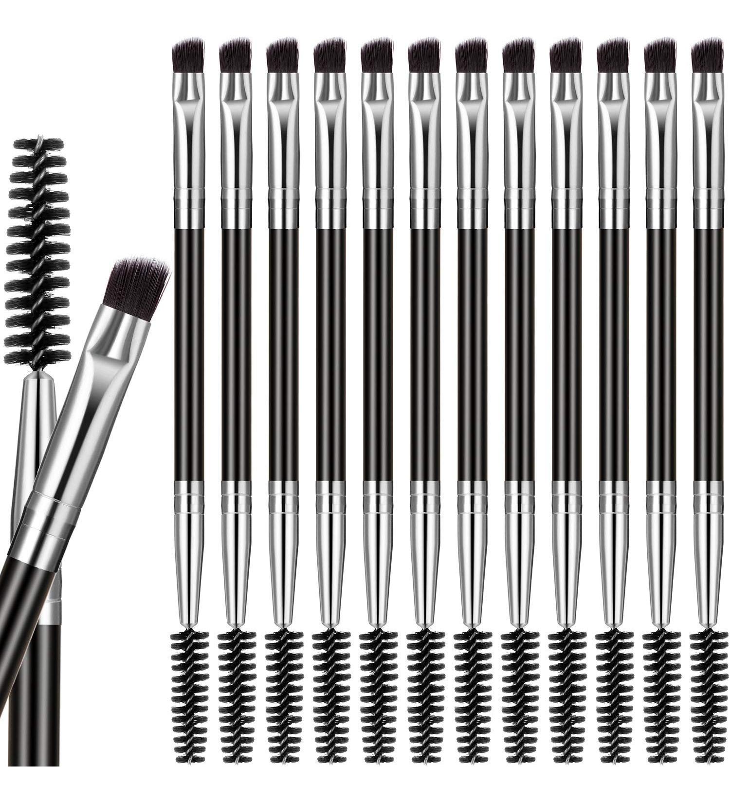 12-Pack Duo Eyebrow Brush Set - Spoolie and Angled Brow Brushes - Mini Eyelash Brush for Tinting - Suitable for Cream Gel - Silver - Buy Online on GoSupps.com