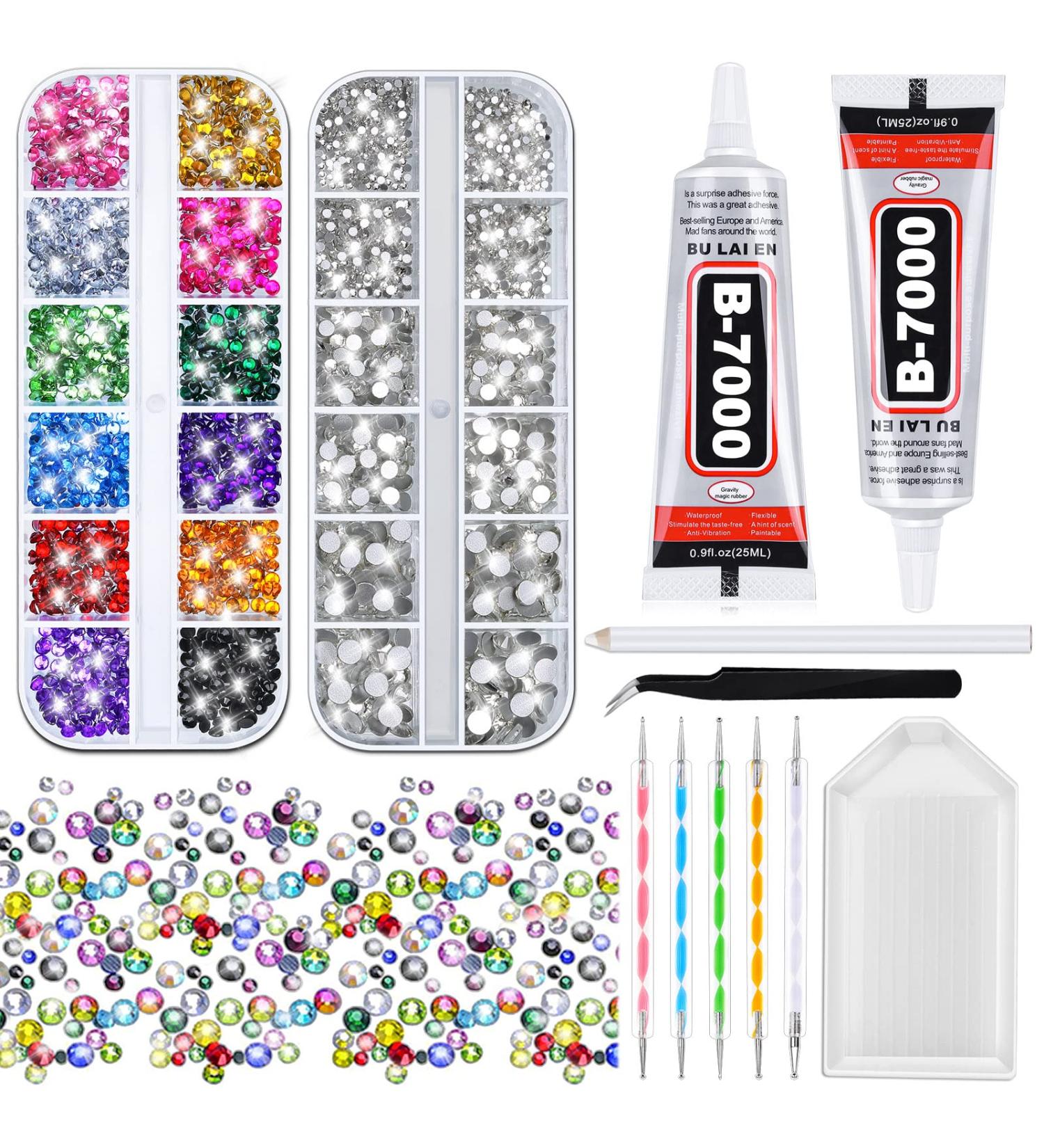 Mckanti B7000 Rhinestone Clear Glue and 2800Pcs Rhinestones Set | 13 Colors, 5 Sizes | Rhinestone Kit for Crafts, Nails, Shoes, Bags | Includes 50ml Glue, Dotting Pens, Tweezers, Wax Pencil, Tray - Buy Online on GoSupps.com