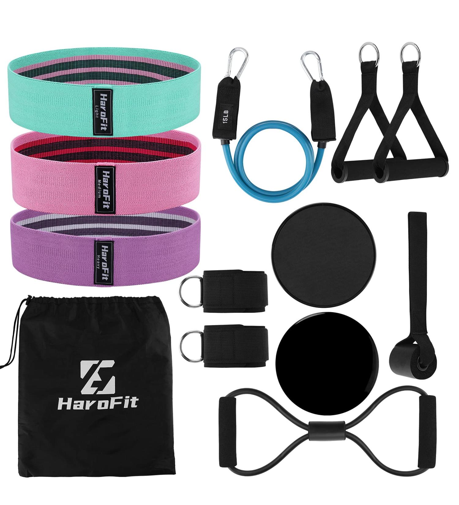 HaroFit Fabric Resistance Bands Set - 15LB Exercise Bands with Handles, Ankle Straps, and Core Sliders for Home Fitness - Green Pink Purple - Buy Online on GoSupps.com