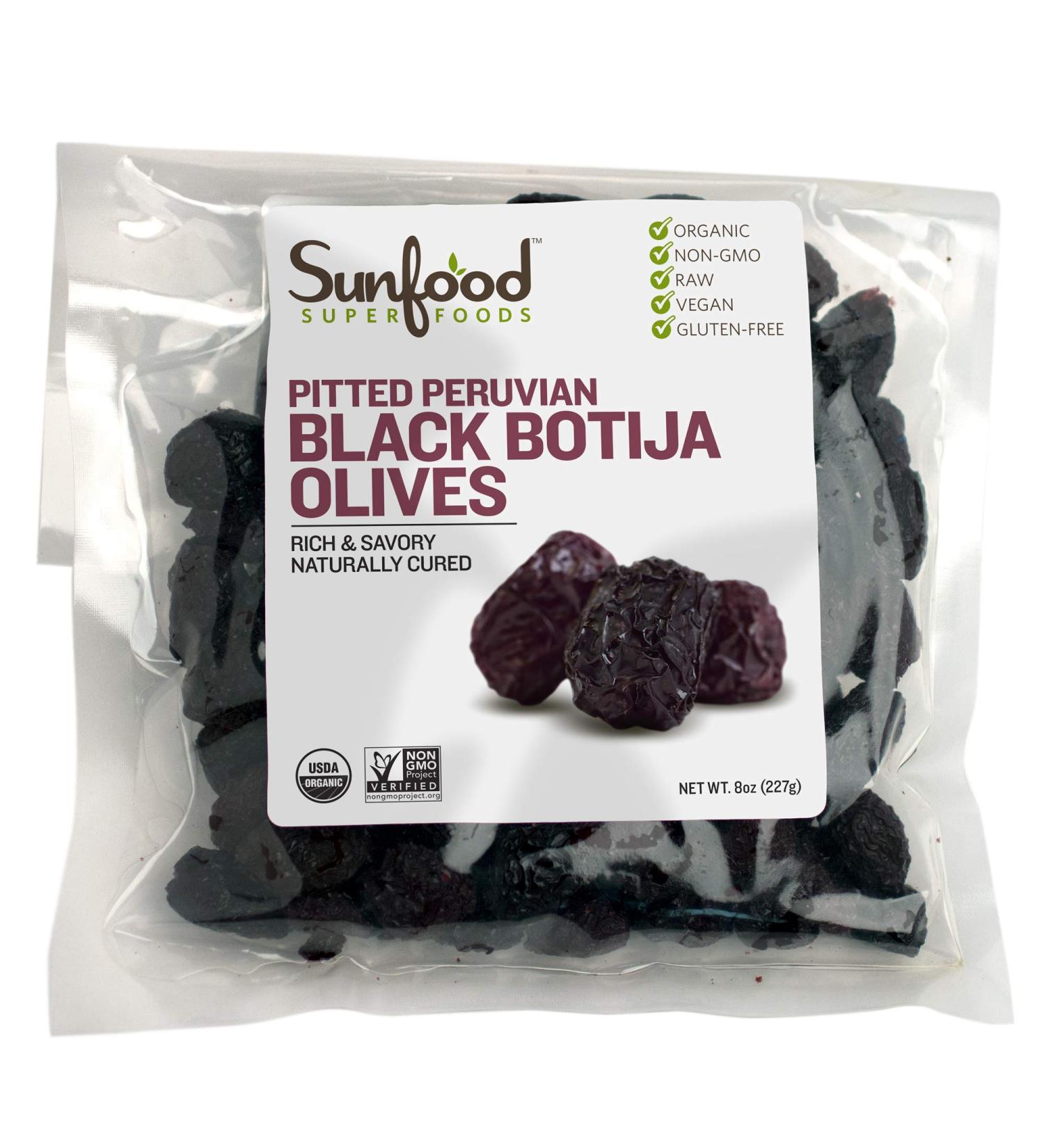 Sunfood Organic Pitted Peruvian Black Botija Olives - 8 oz | Premium Gourmet Snack - Buy Online on GoSupps.com