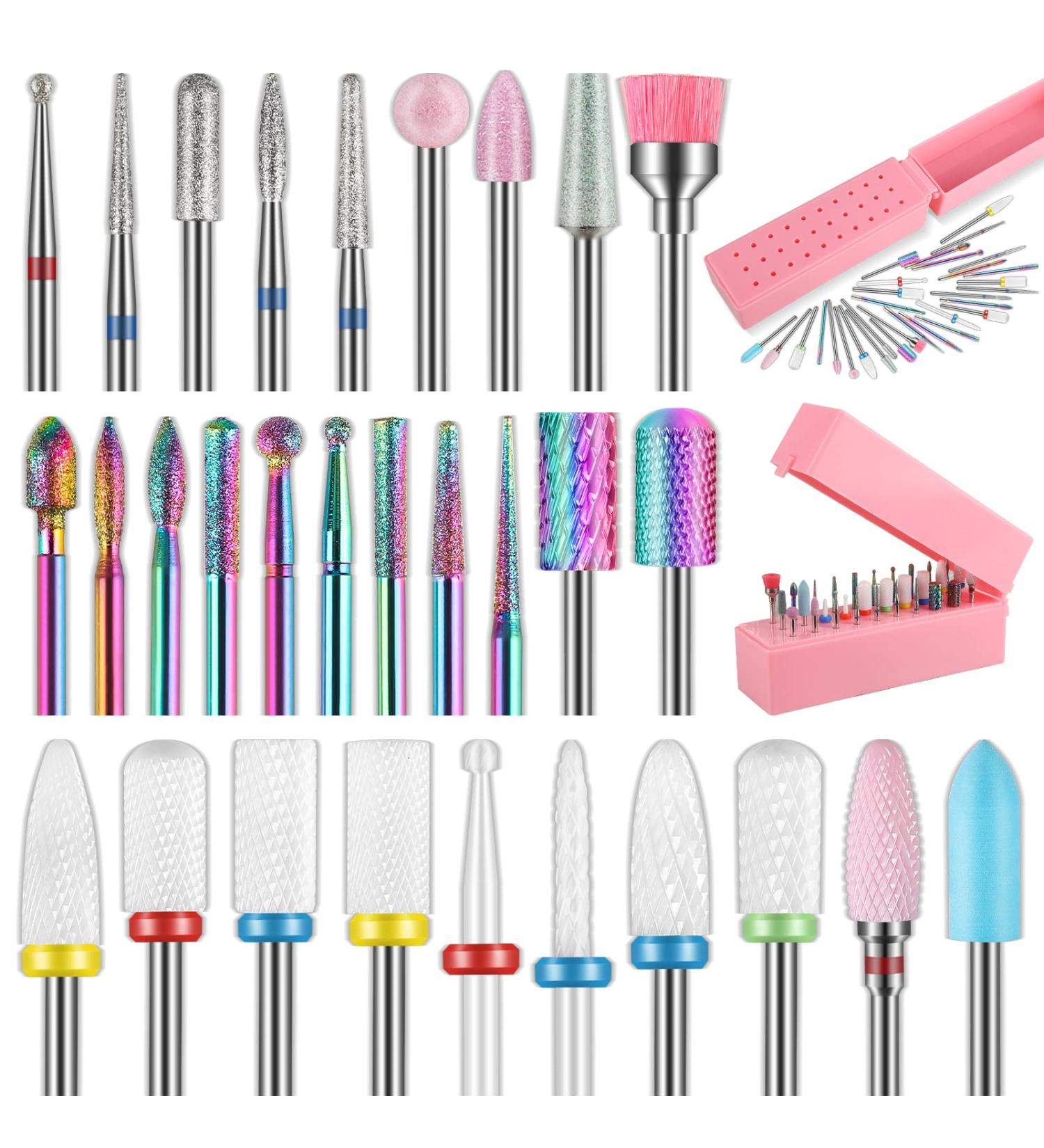 30Pcs Nail Drill Bits Set with Pink Holder - Tungsten Carbide Diamond Ceramic Quartz - 3/32 Inch Pointed Cuticle Bits for Acrylic Gel Nail Manicure - Home Salon - Buy Online on GoSupps.com