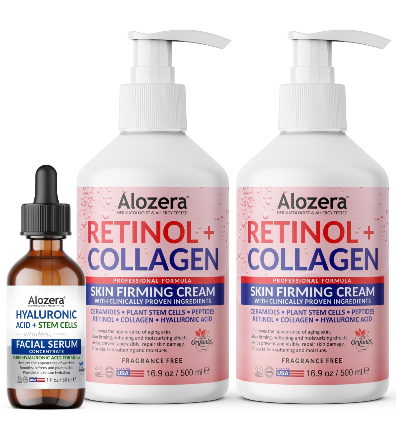 Alozera Retinol Collagen Body Lotion (2-Pack) & Hyaluronic Acid Serum with Stem Cells Firming Hydrating & Anti-Aging Skincare for Face Neck & Body Lightweight Fragrance-Free Made in USA - Buy Online on GoSupps.com