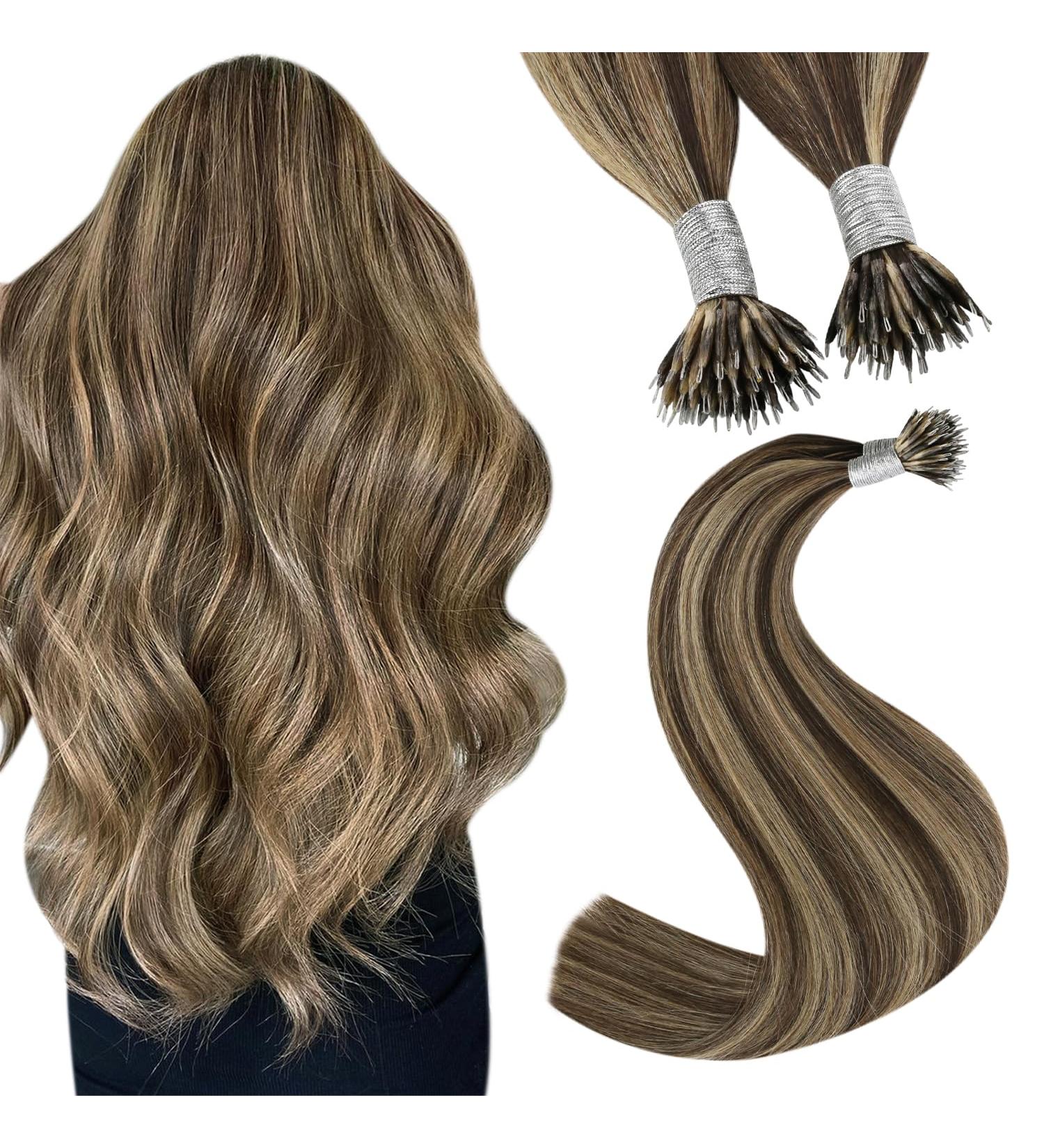 Youngsee Real Hair Extensions - 50cm Nano Ring Dark Brown with Caramel Blonde Highlights - Cold Fusion 50g #P4/27 - Buy Online on GoSupps.com