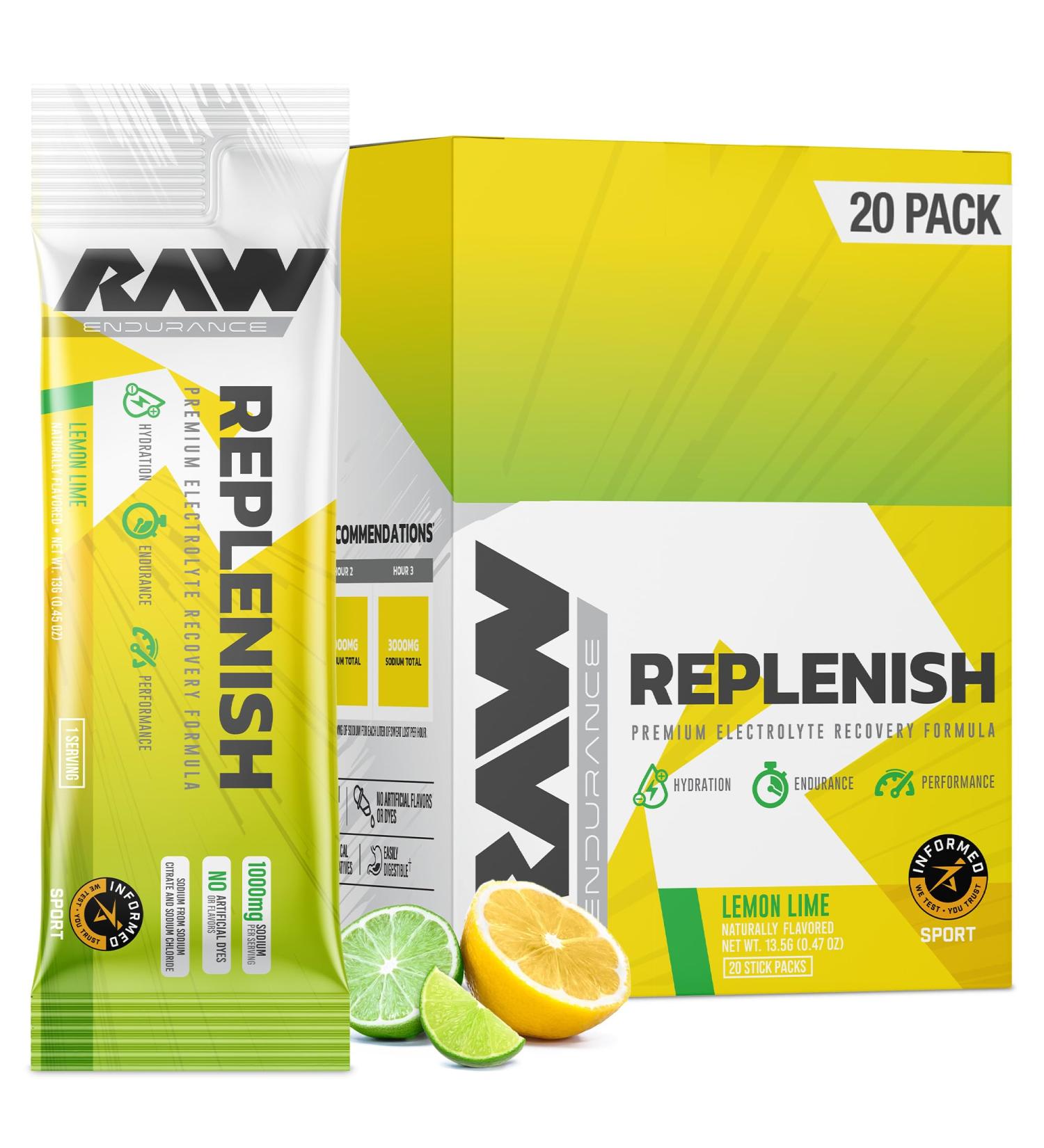 RAW Replenish Box - Premium Lemon Lime Electrolytes Powder for Hydration & Recovery | 20 Sticks - Electrolyte Drink Mix Supplement for Endurance & Performance - Buy Online on GoSupps.com