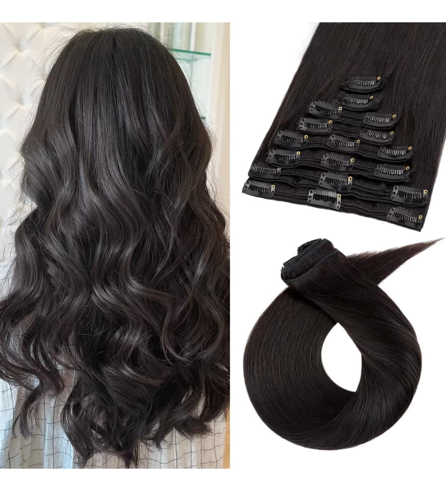 Tess Clip-In Hair Extensions | Real Remy Hair | 60 cm Natural Black (170g 8 Tressen) - Smooth Long Hair Extensions - Buy Online on GoSupps.com