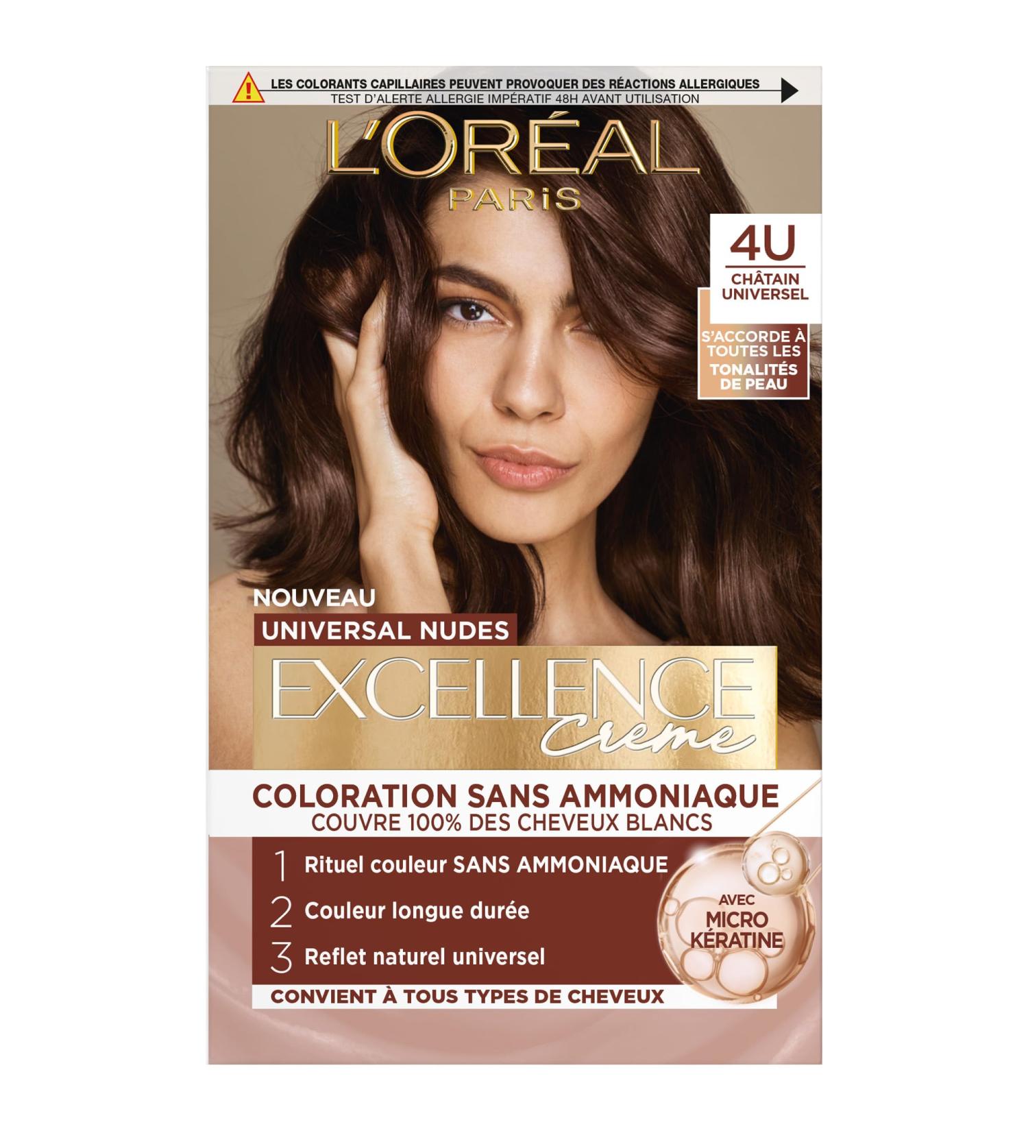 L OR AL PARIS - Coloration Cheveux Permanente - Longue Dur e - R sultat Naturel & Lumineux - Couvre 100% des Cheveux Blancs - Excellence Cr me Universal Nudes - Nuance : Ch tain Universel (4U) 4U - Ch tain - Buy Online on GoSupps.com