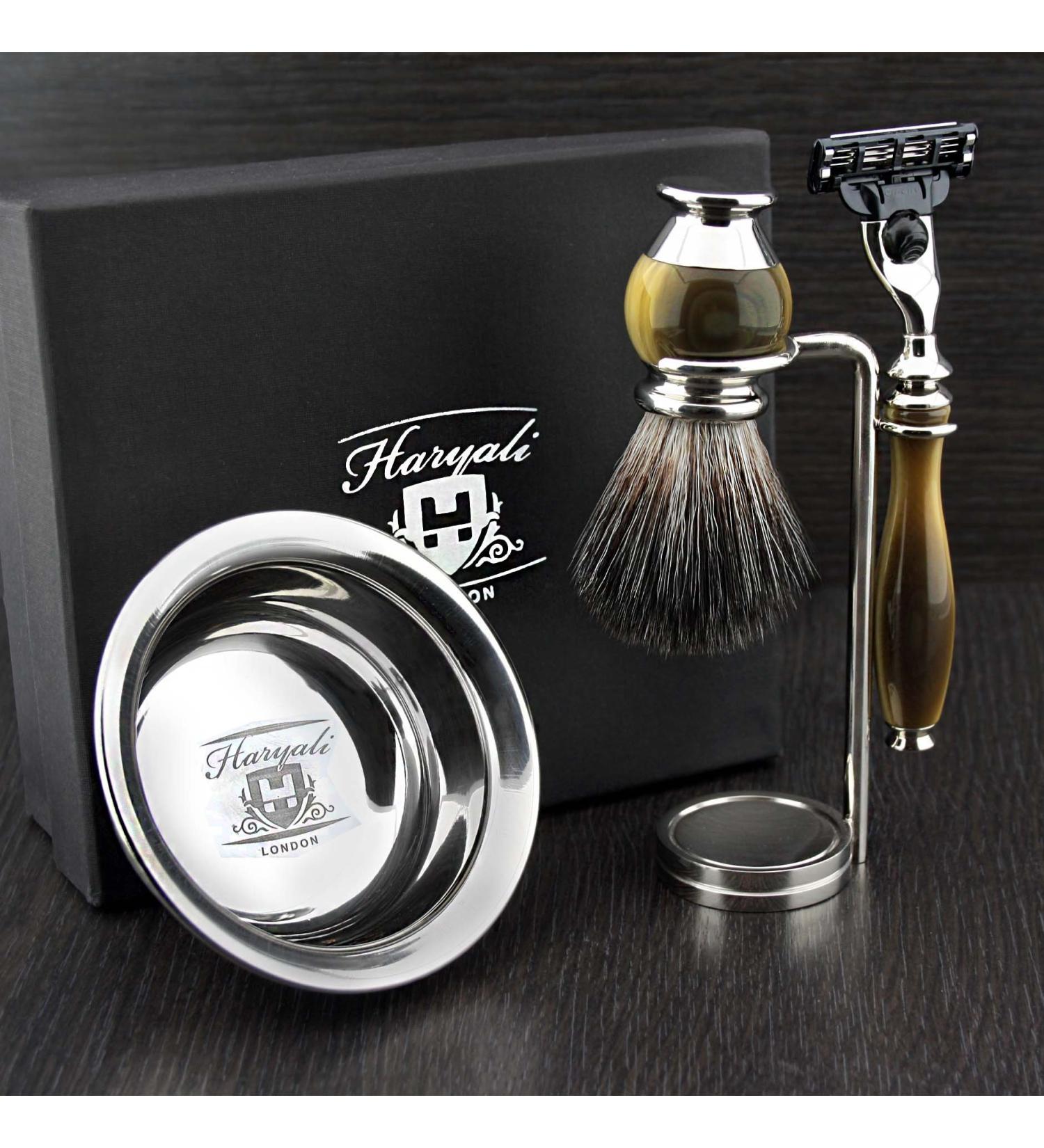 4 Pc Men's Shaving Kit - 3 Edge Razor Black Badger Hair Brush Stand & Stainless Steel Bowl | Perfect Grooming Gift - Buy Online on GoSupps.com