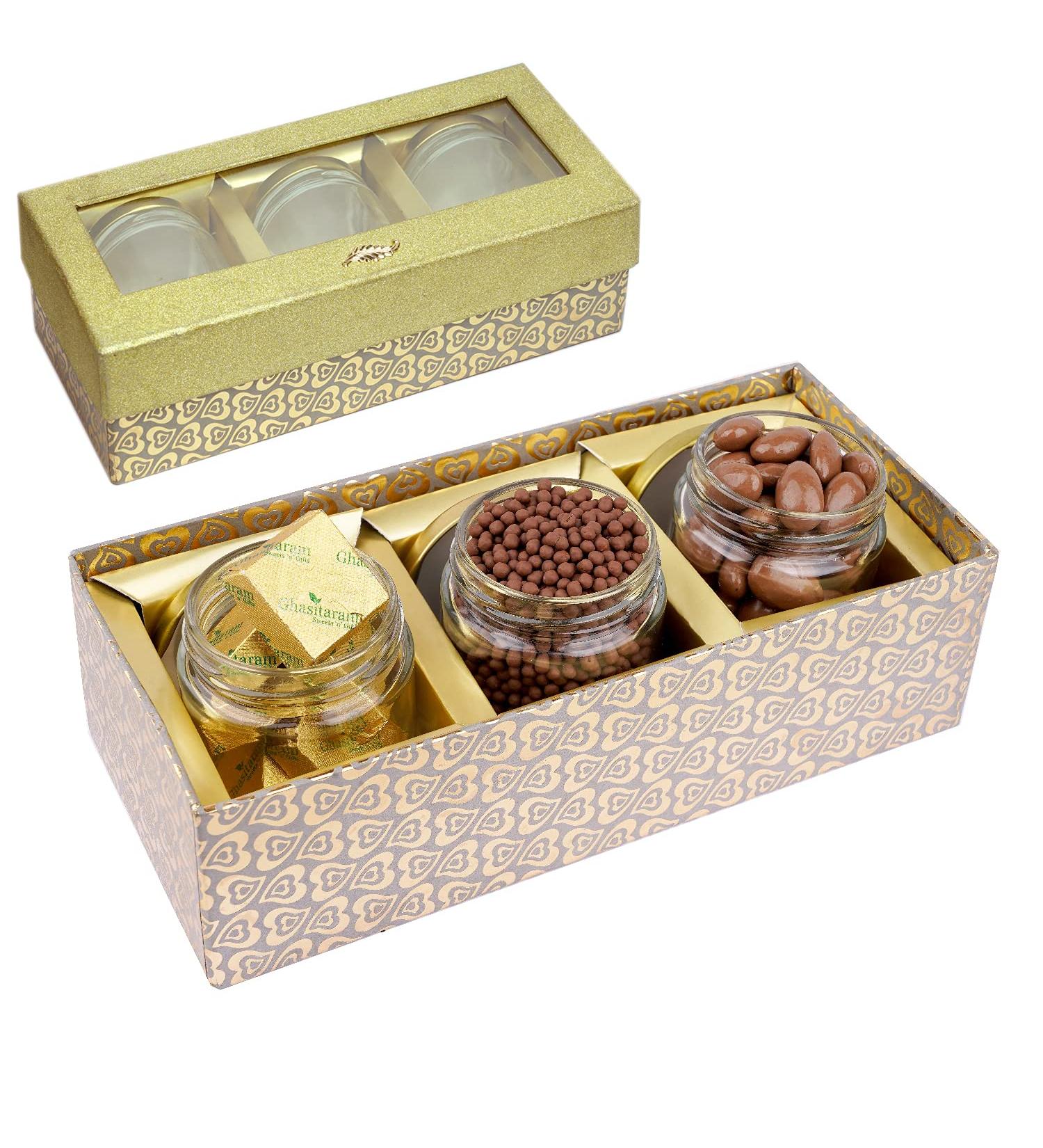 Jaiccha Ghasitaram Chocolate Hamper- Box with 3 Jars of Chocolate Coated Almonds Rice Crispies and MEWA Bites |Gift for Diwali Holi Rakhi Valentine Christmas Birthday Anniversary Her Him| - Buy Online on GoSupps.com