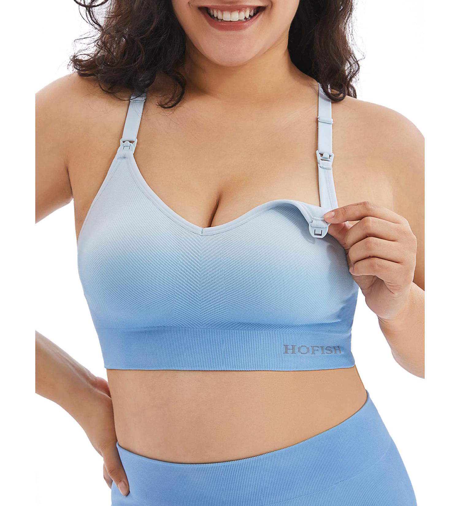 HOFISH Seamless Nursing Sports Bra - Medium Impact Racerback, Blue-White - Pregnancy Padded Breastfeeding Bra - Buy Online on GoSupps.com