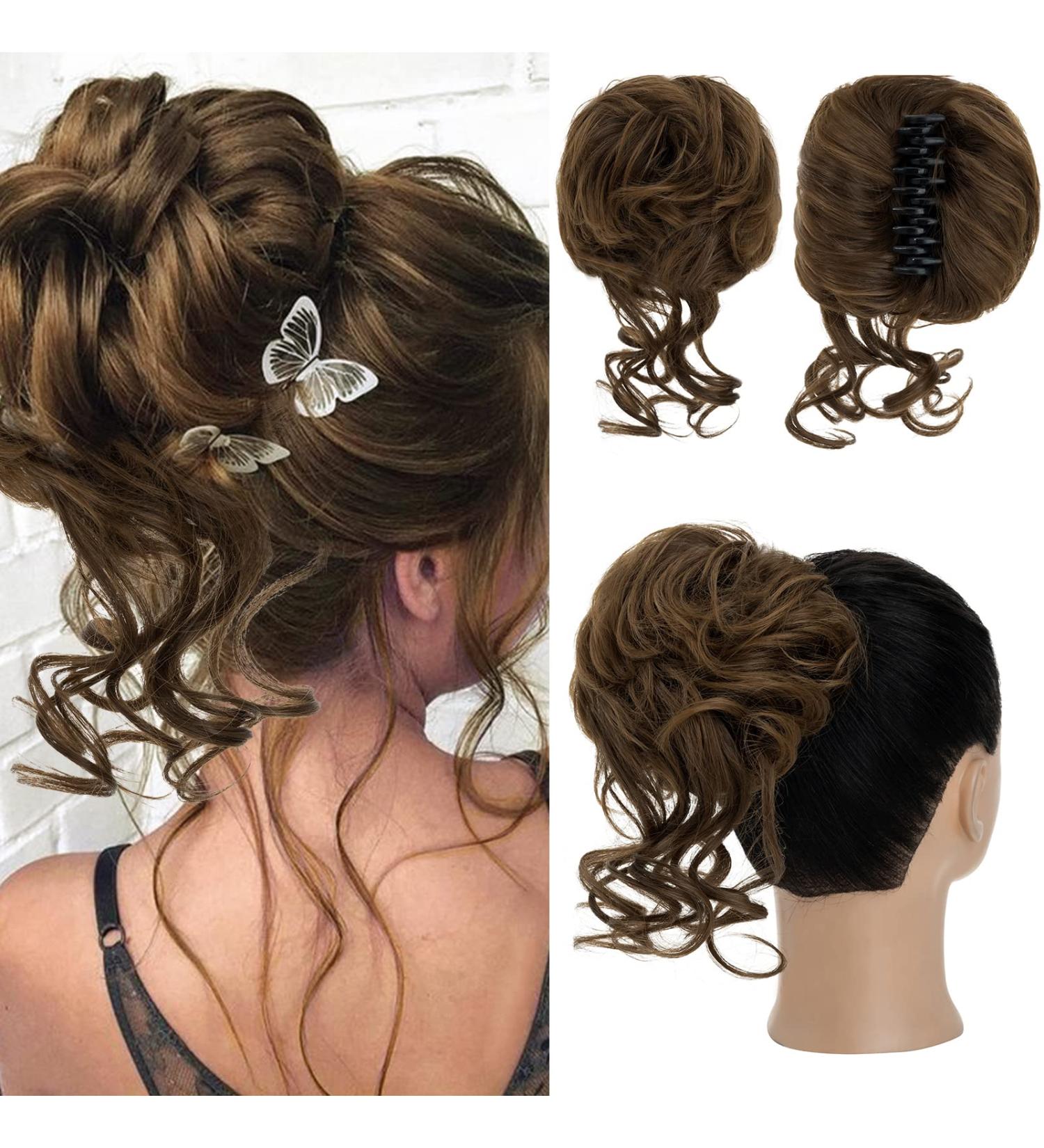 S-Noilite Claw Clip Messy Bun Hair Piece | Curly Wavy Chignon Scrunchie Extension - Light Brown to Dark Blonde 8T27 - Buy Online on GoSupps.com