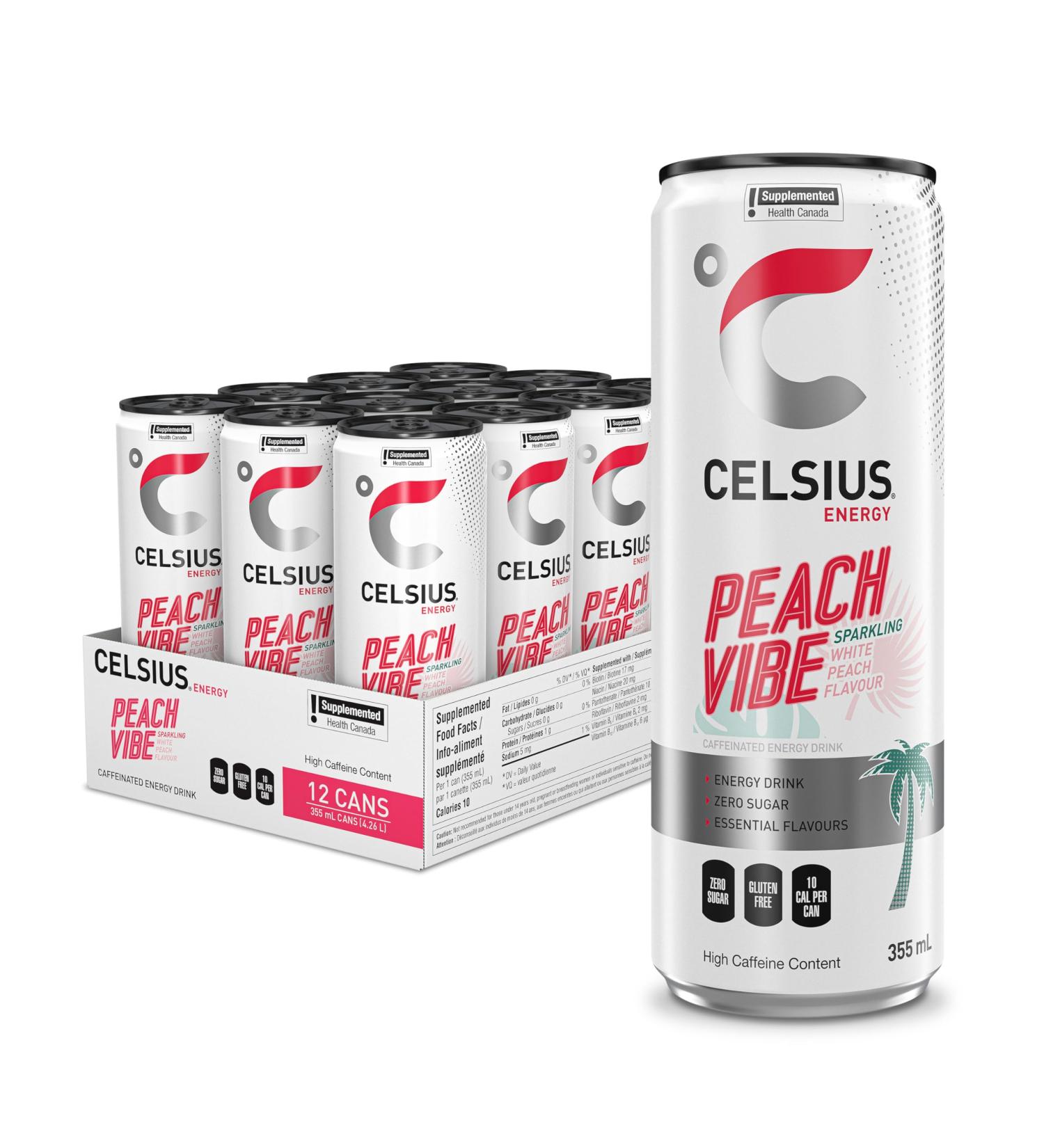 CELSIUS Sparkling Peach Vibe Zero Sugar Energy Drink 335ml (Pack of 12) - Buy Online on GoSupps.com